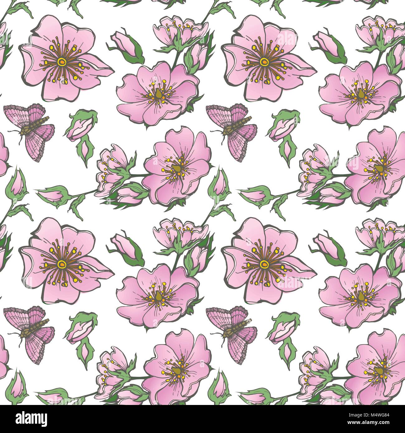 Little wild dog rose seamless background flowers with buds pattern boho style Stock Vector