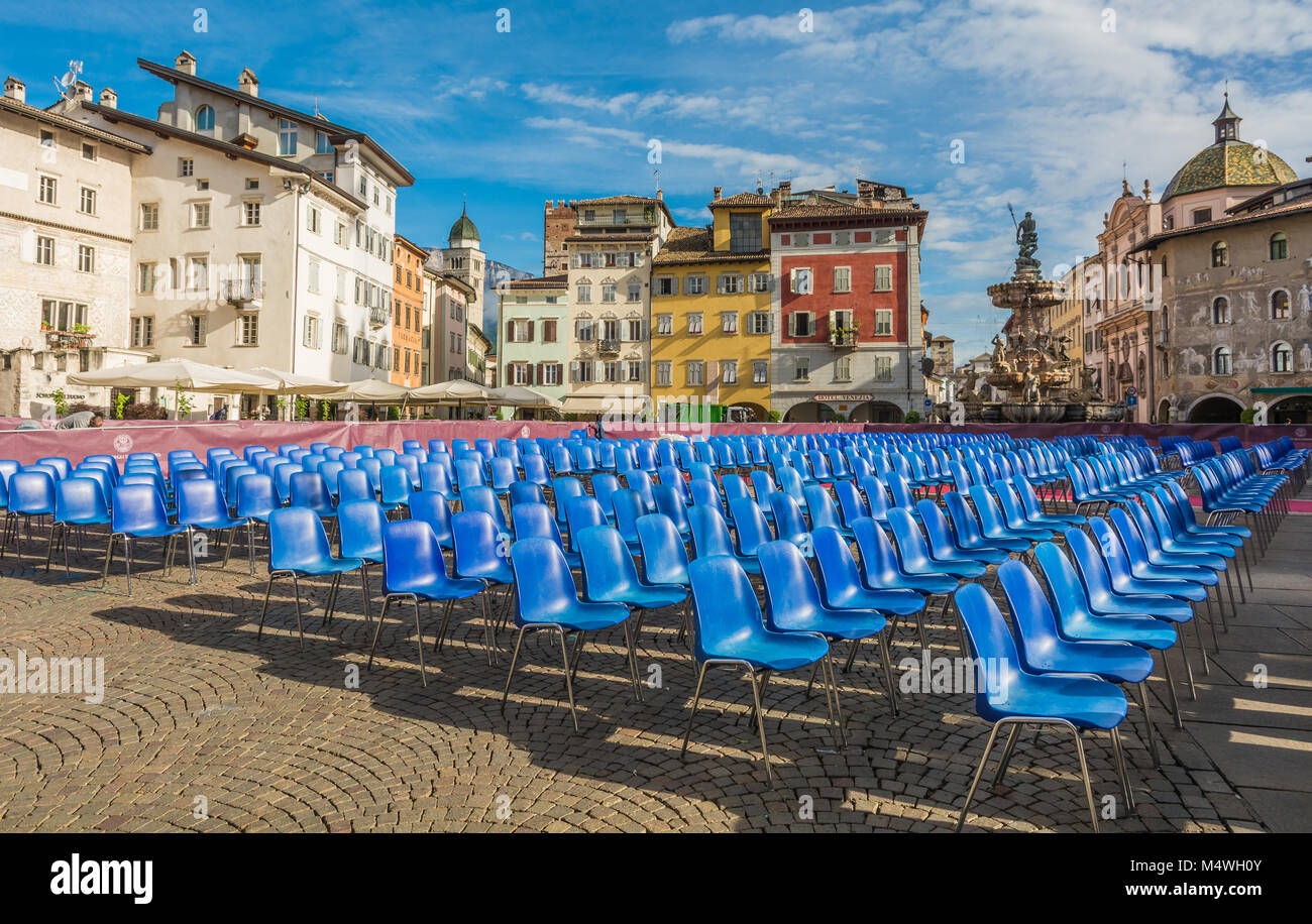 the main square of the City of Trento (Piazza Duomo) with chairs for the graduation ceremony of the University of Trento, Italy, Europe. Stock Photo