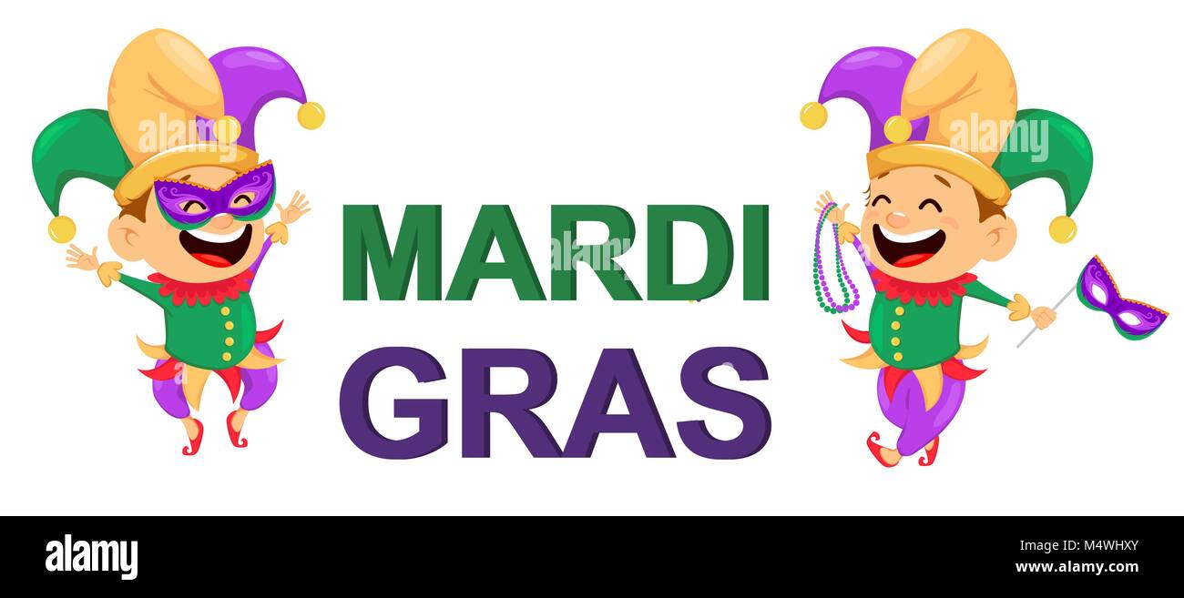 Mardi Gras jester holding necklaces for poster, greeting card, party invitation, banner or flyer. Cheerful cartoon character and letters. Vector Illus Stock Vector