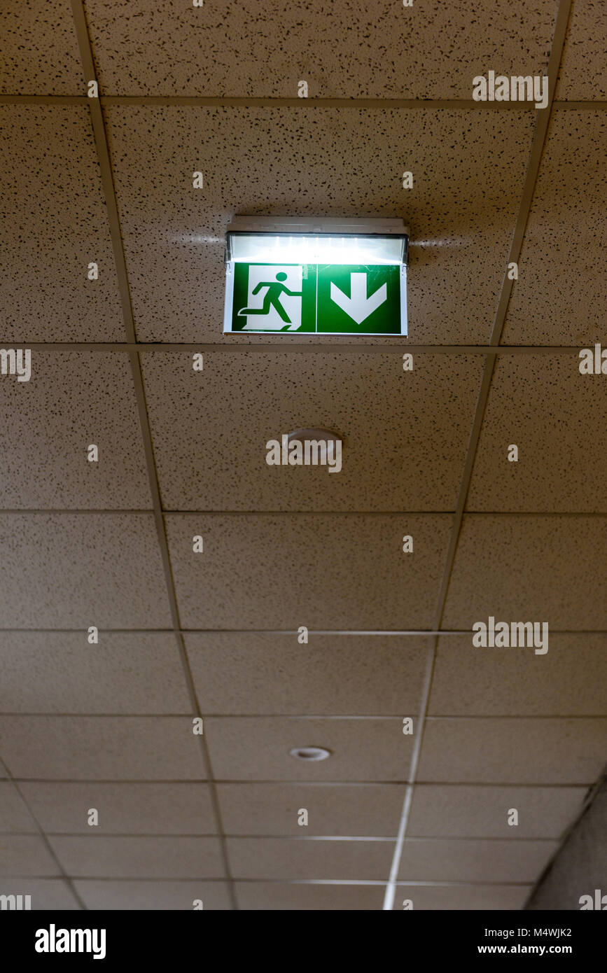 Exit Sign In Hall interior elements in large hall. green exit sign on the sealing Stock ...