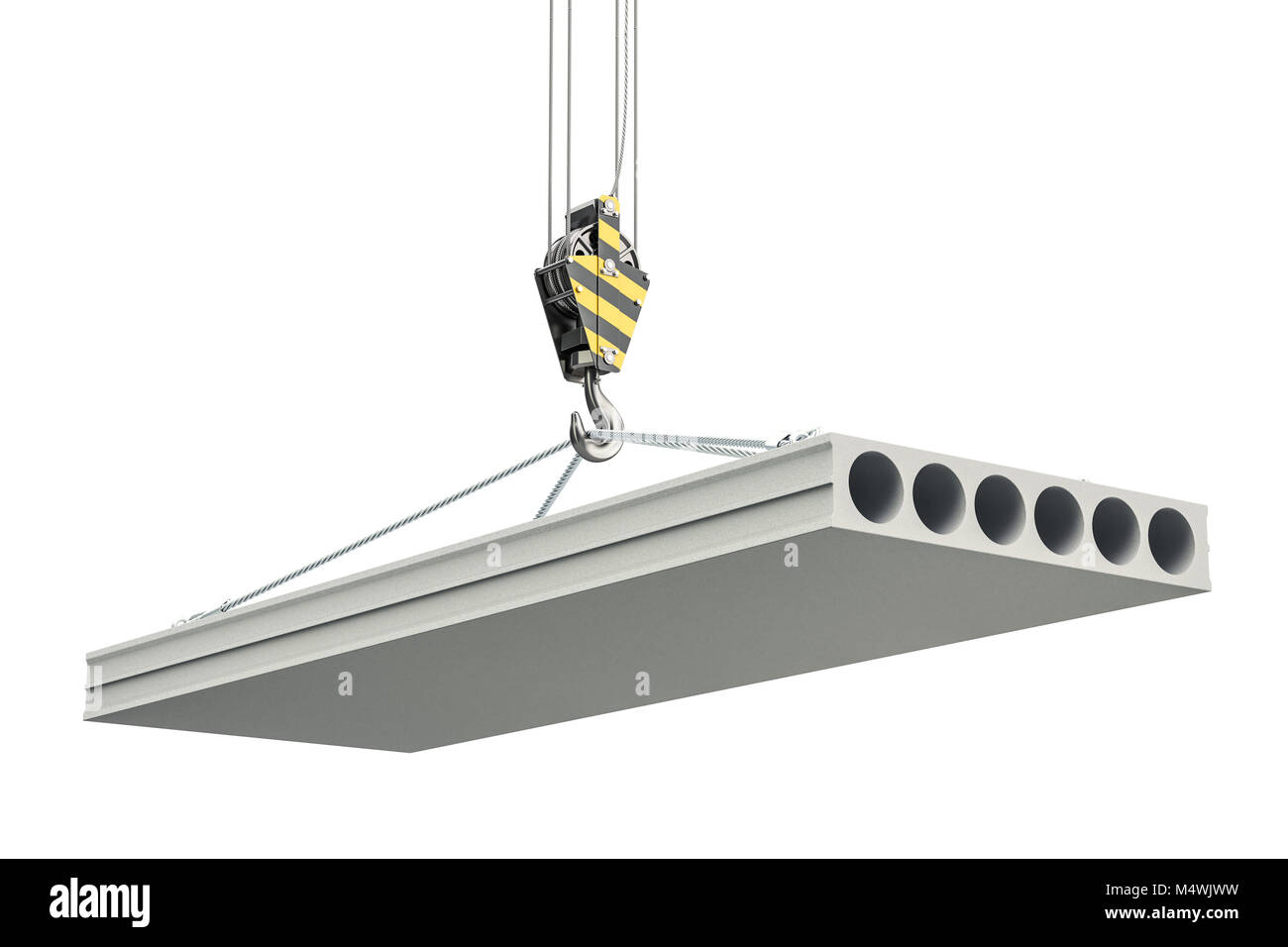 Crane hook with concrete slab. 3D rendering isolated on white