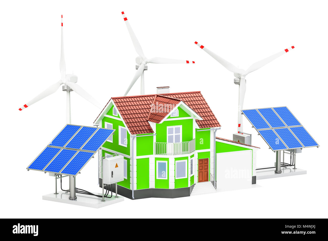 House with solar panels and wind turbines. Renewable energy concept, 3D ...