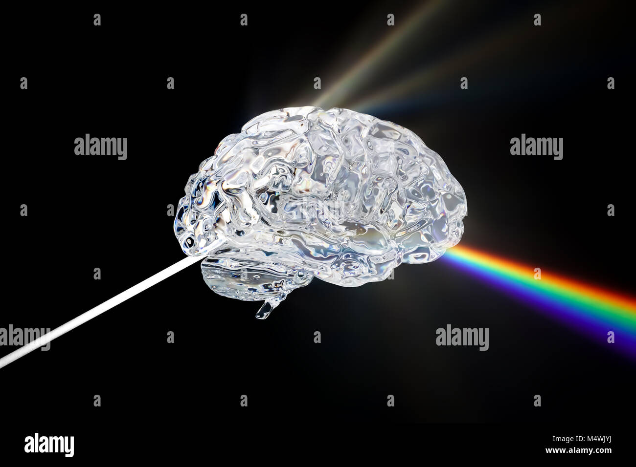 Glass human brain with visible spectrum wave rays, 3D rendering Stock Photo