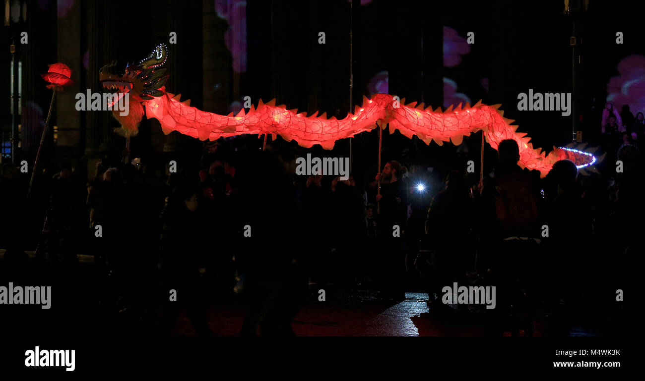 A Chinese dragon, as Liverpool's Chinese Arch, the largest outside of China, holds its annual Chinese New Year celebrations, The Year of The Dog. Stock Photo