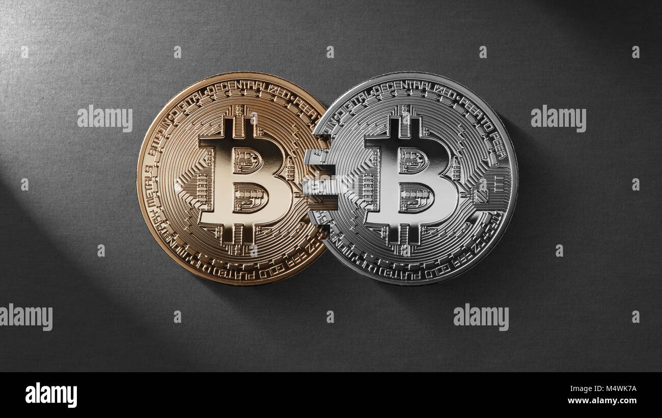 Two coins bitcoin on a black background money transfer concept Stock ...