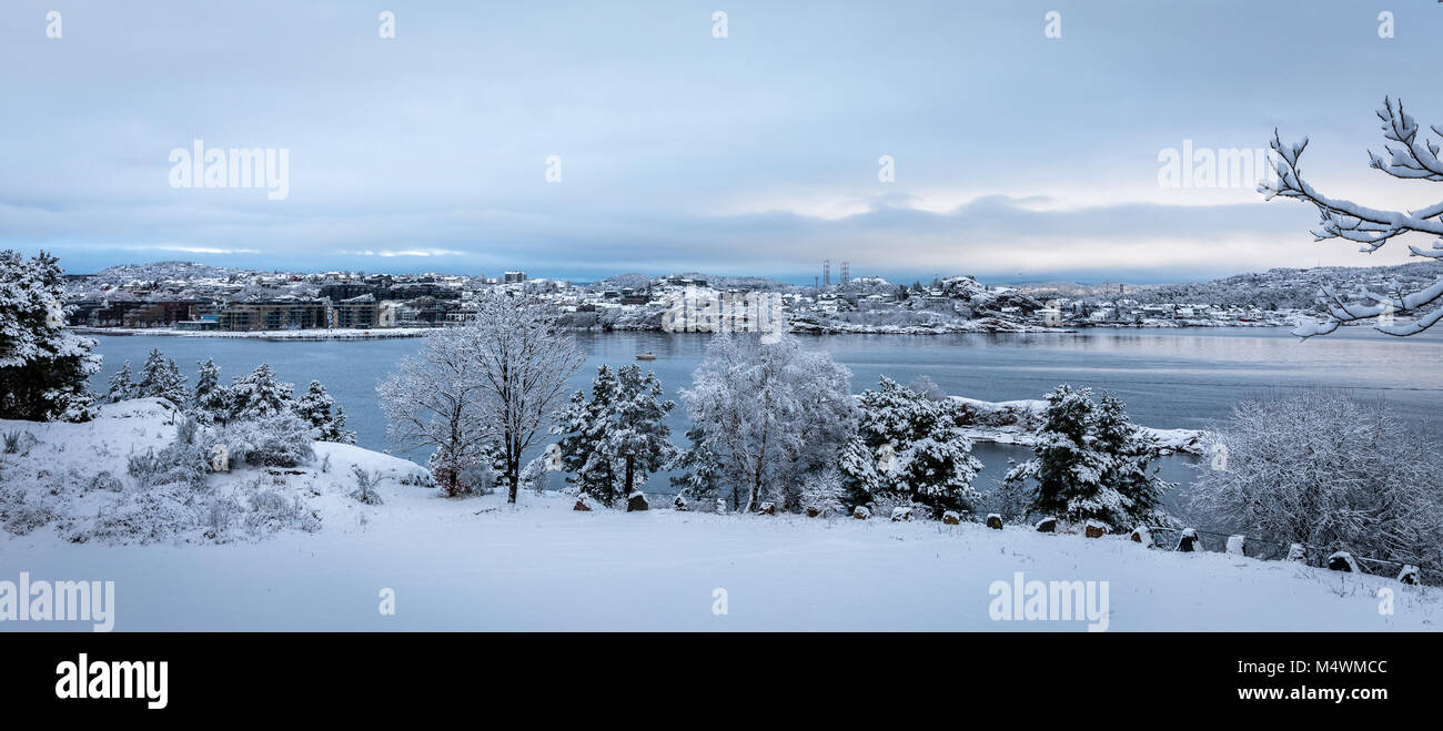Beautiful winter day at Odderoya in Kristiansand, Norway. Trees covered in snow. The ocean and archipelago in the background. Stock Photo