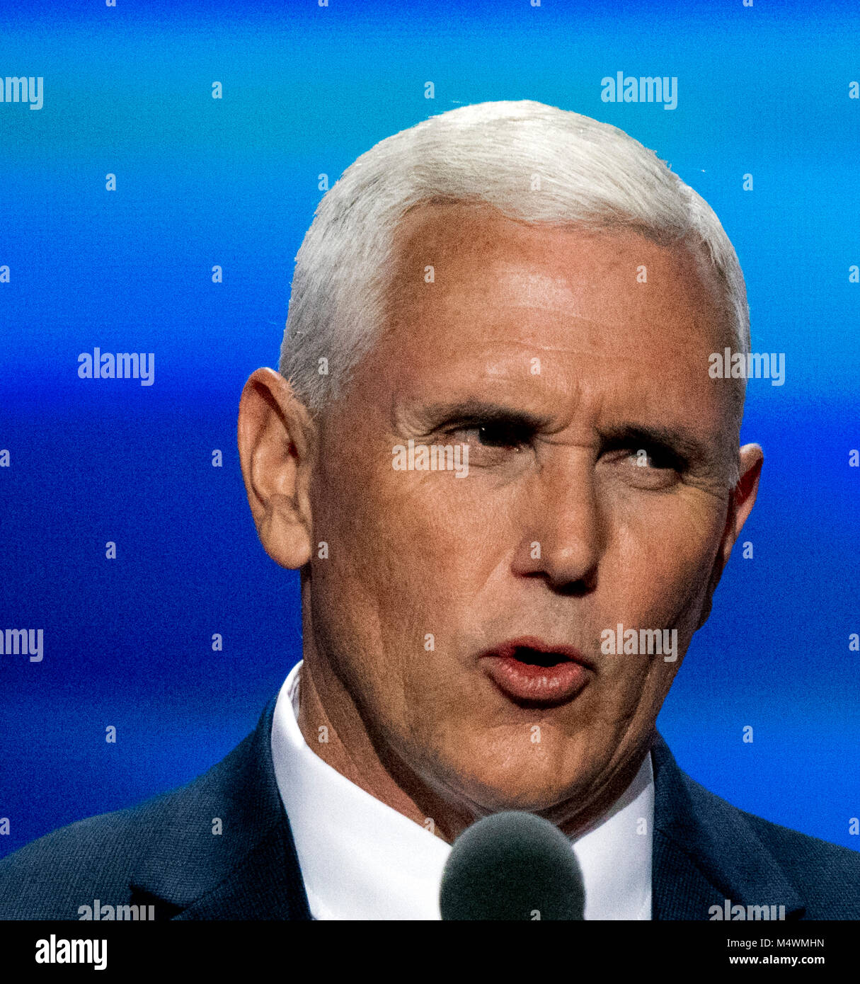 Cleveland Ohio, USA, 20th July, 2016. Republican Governor and now VIce-Presidential candidate Michael 'Mike' Pence addresses the Republican National Convention in the Quicken Arena. Stock Photo