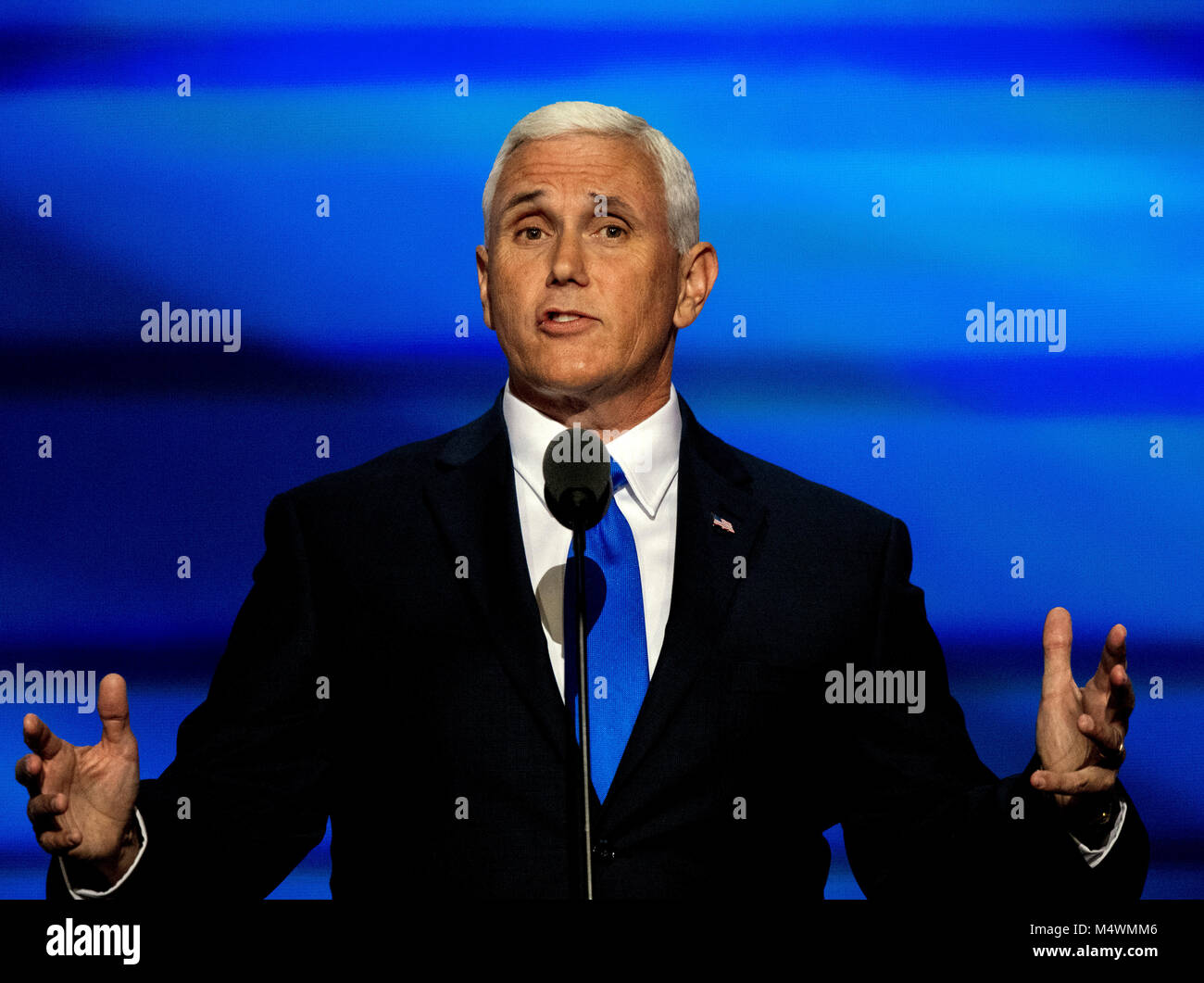 Cleveland Ohio, USA, 20th July, 2016. Republican Governor and now VIce-Presidential candidate Michael 'Mike' Pence addresses the Republican National Convention in the Quicken Arena. Stock Photo