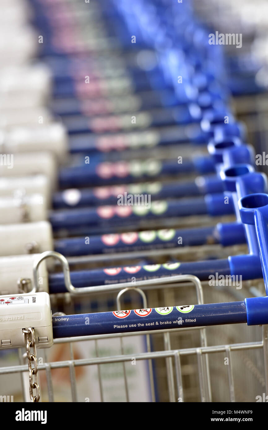 A row of sharping trolleys at a major uk supermarket Tesco stores being ...