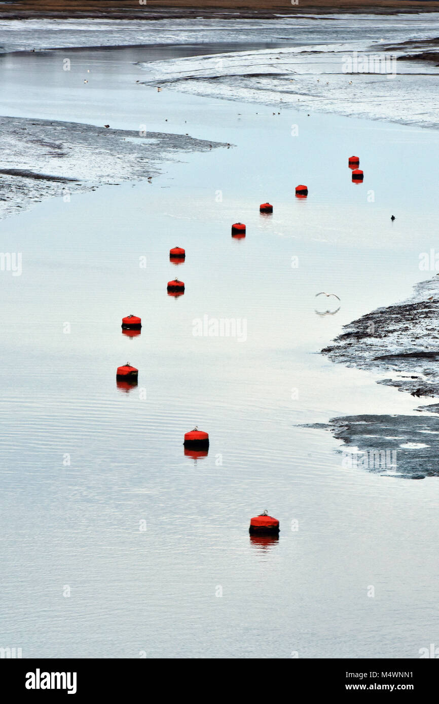 a row or line of mooring or berthing buoys in the main channel on the