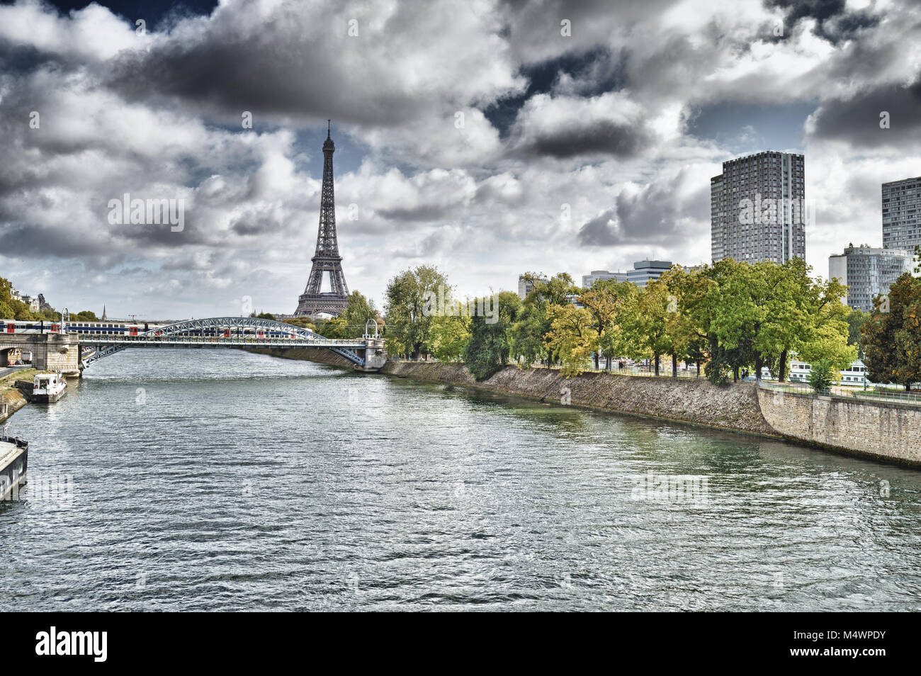 View of the Pont Rouelle and Eiffel Tower from the Pont de Grenelle in Paris. Stock Photo
