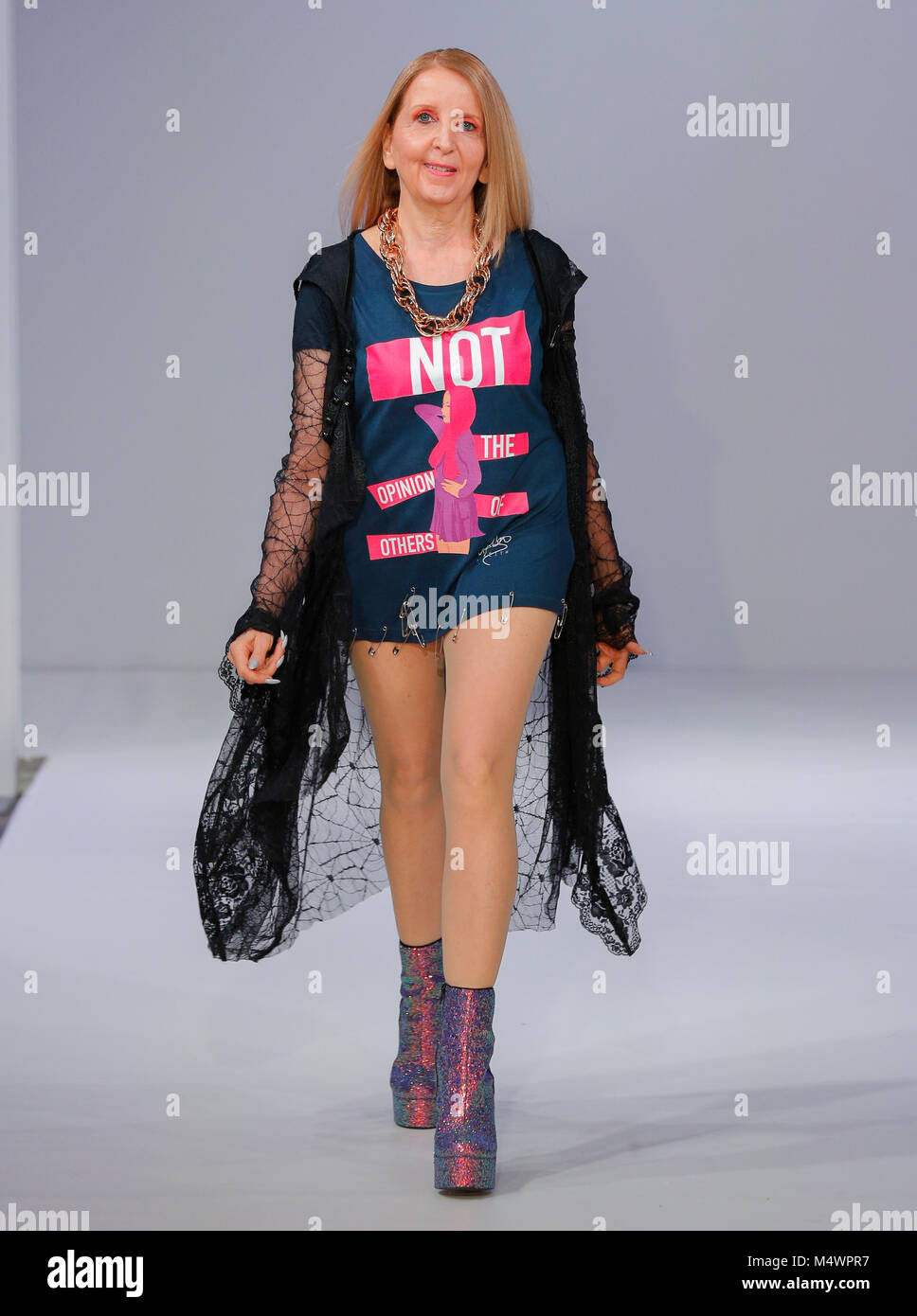 Sunday 18th of February 2018, London, United Kingdom, Europe. Afton McKeith launching her own t-shirt brand during London Fashion Week Fashion Finest together with her mom Gilian McKeith  walking on a runway with other models Credit: catwalking/runways/Alamy Live News Stock Photo