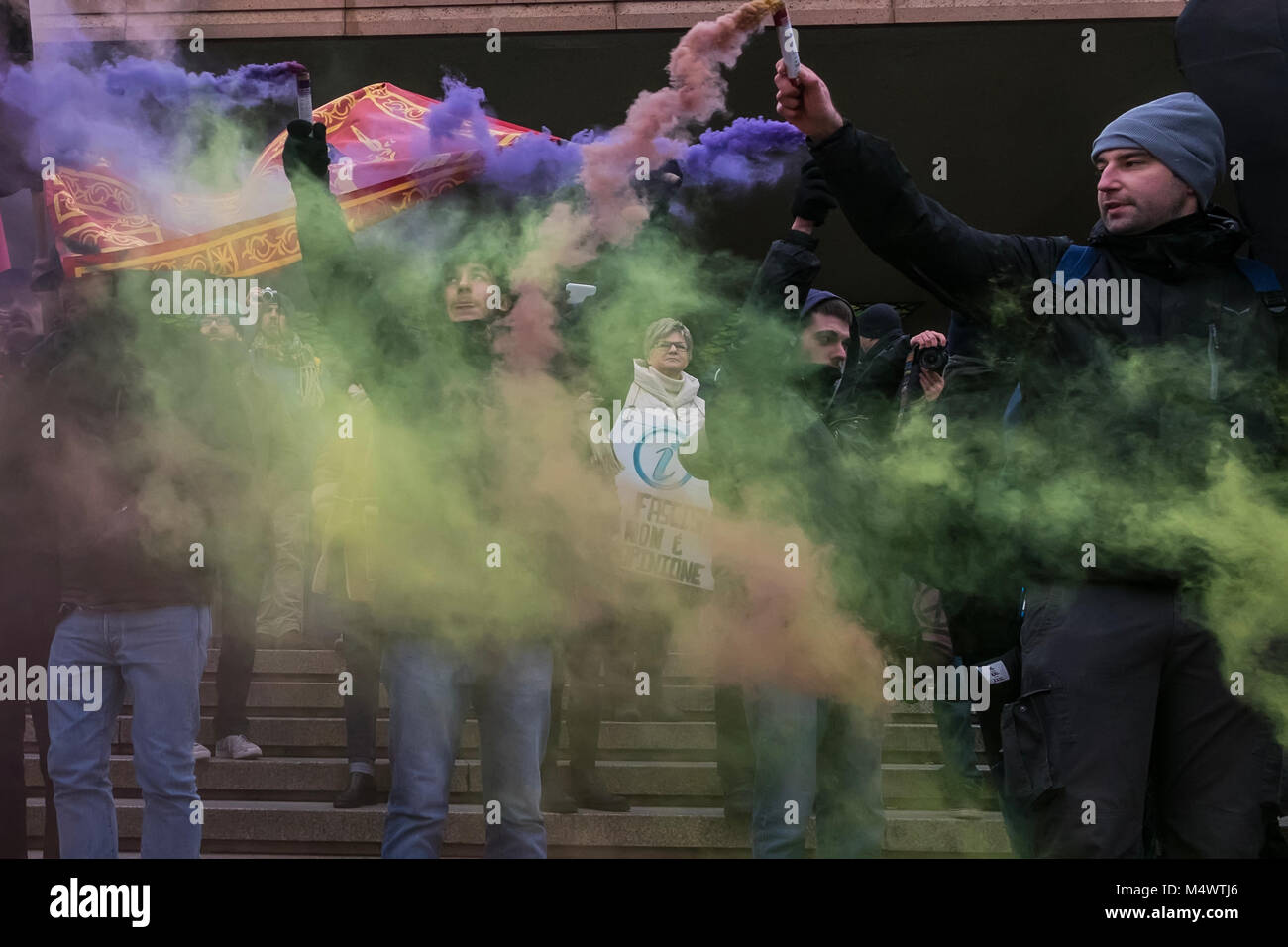 Venice, ITALY. 18 February, 2018. The Centri Sociali protest in Venice, near the train station, against an event organized by "Forza Nuova" on February 18, 2018 in Venice . © Stefano Mazzola/Awakening/Alamy Live News Stock Photo