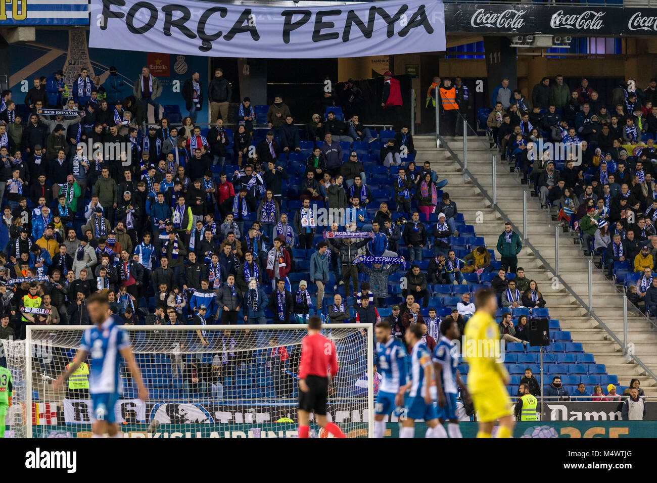 Barcelona, Spain. 18th Feb, 2018. Banner in support to the Penya Juventut of Badalona Basket team during the match between RCD Espanyol and Villarreal, for the round 24 of the Liga Santander, played at RCDE Stadium on 18th February 2018 in Barcelona, Spain. Credit: Gtres Información más Comuniación on line, S.L./Alamy Live News Stock Photo