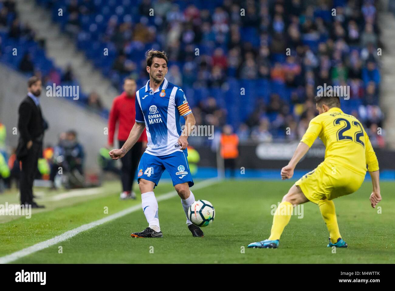 SPAIN - February,18th: RCD Espanyol midfielder Victor Sanchez (4) and Villarreal defender Antonio Rukavina (22) during the match between RCD Espanyol vs Villarreal CF, for the round 24 of the Liga Santander, played at RCD Espanyol Stadium on 18th February 2018 in Barcelona, Spain. (Credit: Mikel Trigueros / Urbanandsport / Cordon Press)  Cordon Press Credit: CORDON PRESS/Alamy Live News Stock Photo