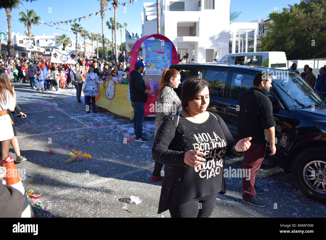 Paphos, Cyprus. 18th Feb, 2018. Paphos Carnival 2018 is a traditional, annual street carnival  - Sunday 18th February. This was originally scheduled to be held on Saturday, but heavy rain postponed it for a day, and it was moved to the 18th on the Mayor's orders. Most of the floats were staffed by local businesses and organisations. Stock Photo