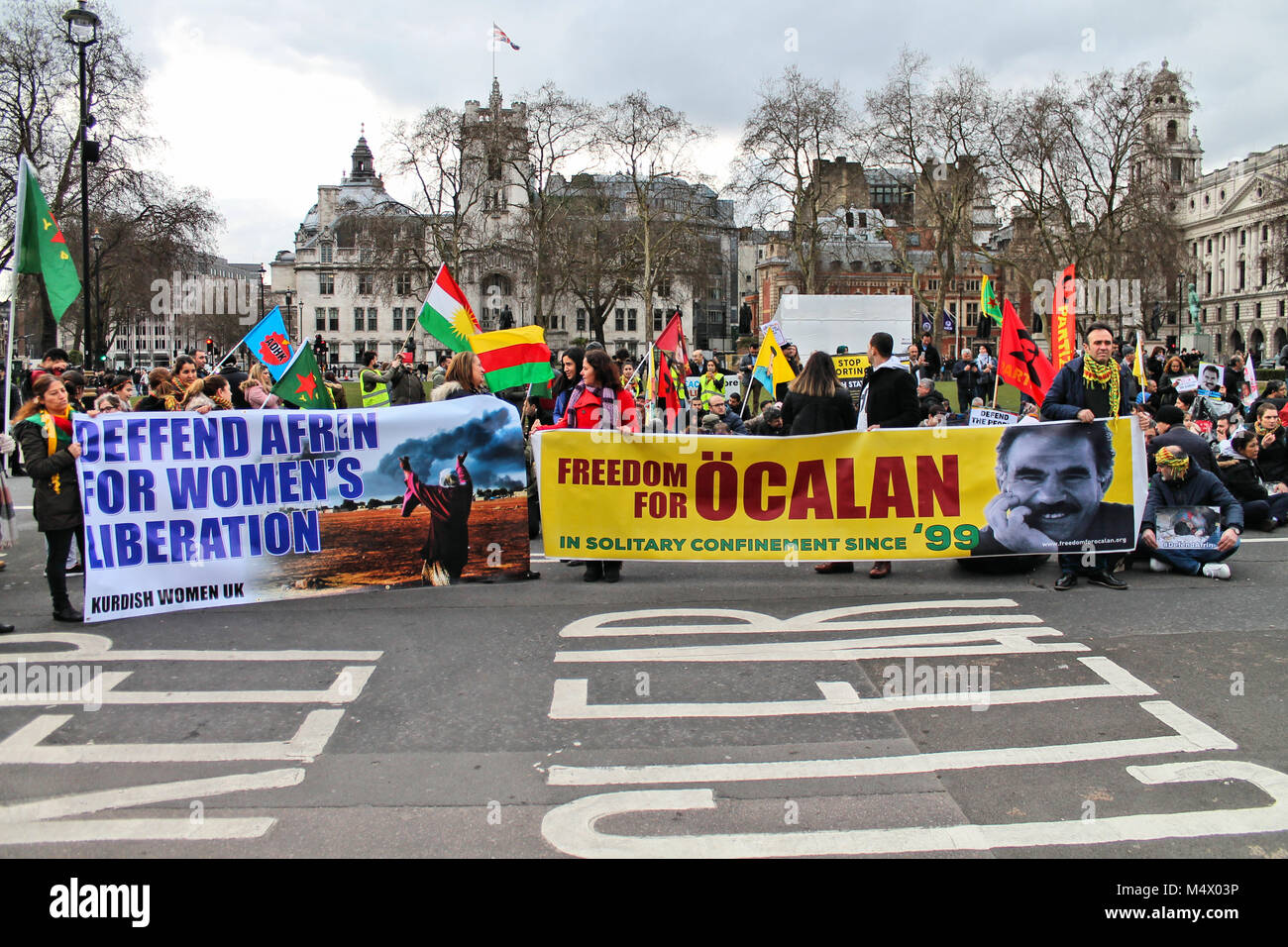 This image was shot on a protest called by a range of London based Kurdish groups to show solidarity with the inhabitants of Alfrin, a city in Syria currently under attack from Turkish forces. The estimated number of protesters on the march was around 1000. The march started at Portland Place outside Broadcasting House and finished in Parliament Square. Stock Photo