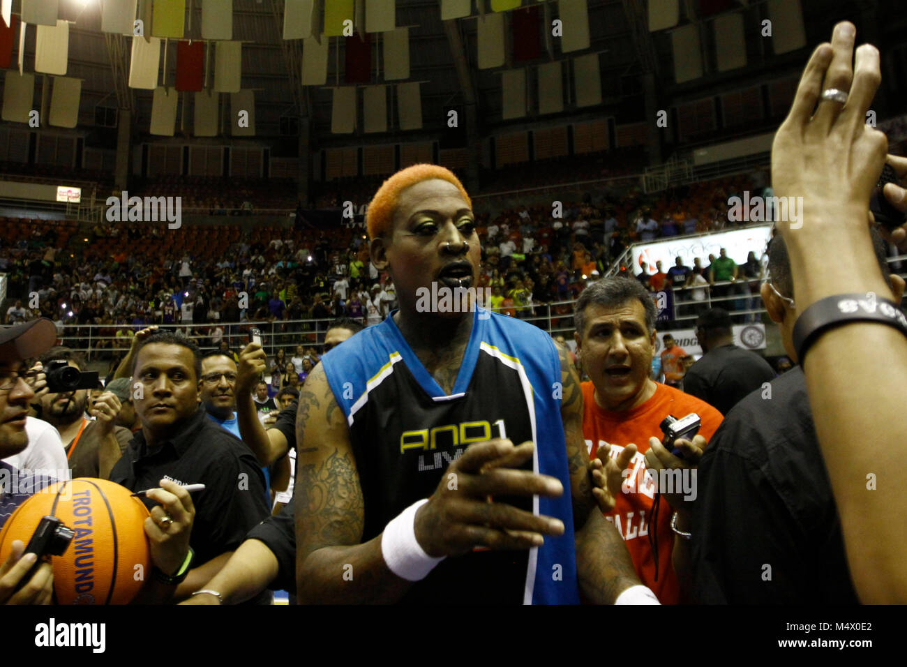 Valencia, Carabobo, Venezuela. 3rd Aug, 2012. August 03, 2014. ÃŠ Dennis Keith Rodman (born May 13, 1961 in Trenton, New Jersey, United States) is a former professional basketball player in the NBA, best known for his defensive and rebounding skills. For seven straight seasons he led the NBA in rebounding per game, which became a league record, and he was placed on the NBA defensive team of the year also in seven seasons. His fame grew even more due to his irreverent and controversial attitude on and off the courts. He has appeared in several television programs and movies.The photo was ma Stock Photo