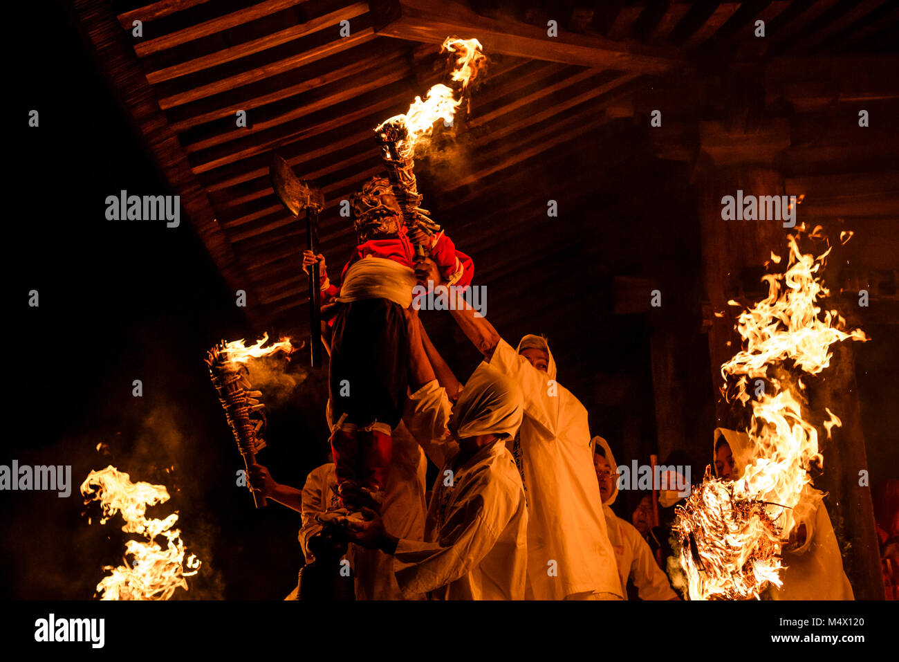 FEBRUARY 17, 2018 - Men perform a fire ceremony during the Takisanji ...