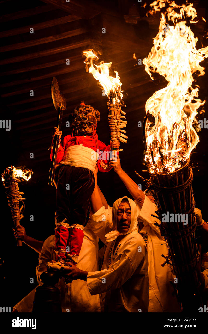 FEBRUARY 17, 2018 - Men perform a fire ceremony during the Takisanji ...