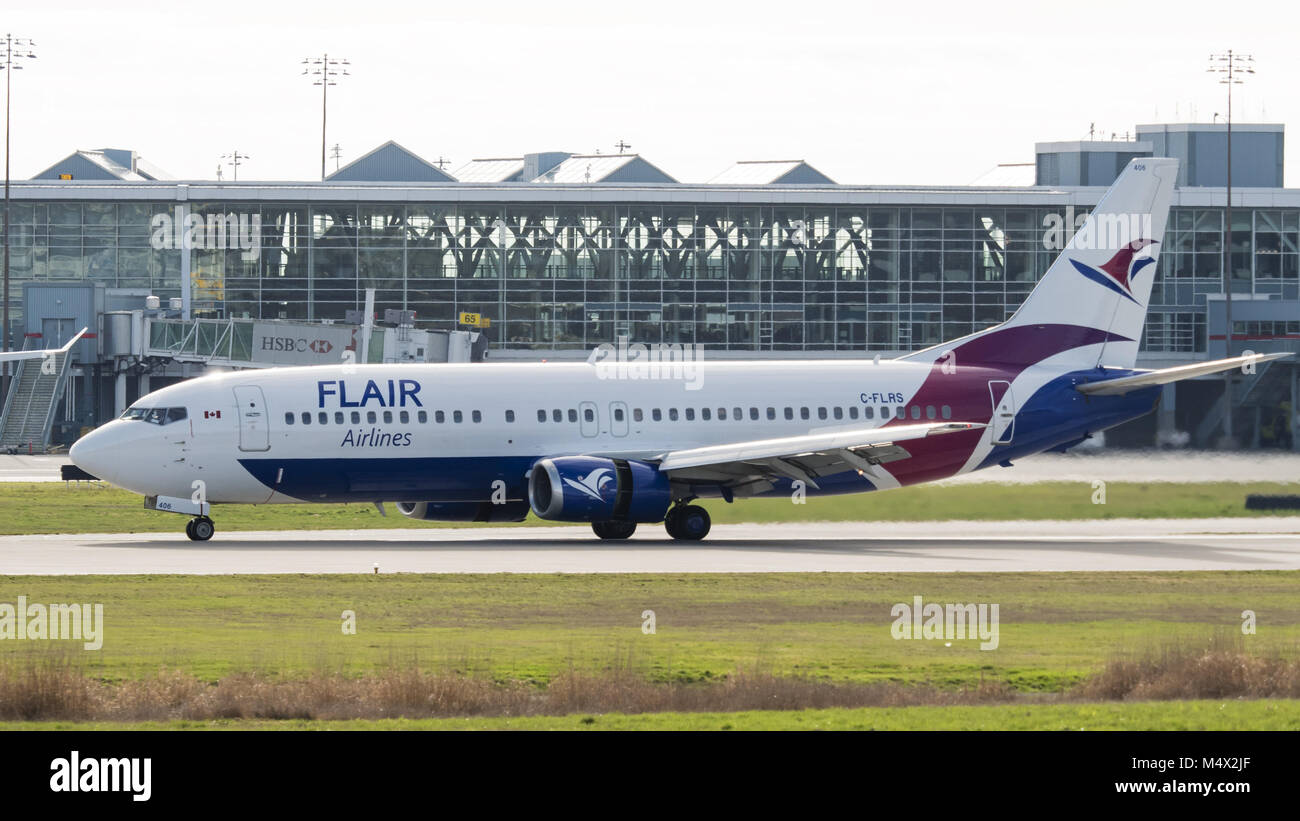 Richmond, British Columbia, Canada. 10th Feb, 2018. A Boeing 737-400 (C-FLRS) narrow-body jet airliner belonging to the Canadian ultra low-cost carrier (ULCC) Flair Airlines Ltd. lands at Vancouver International Airport. Credit: Bayne Stanley/ZUMA Wire/Alamy Live News Stock Photo