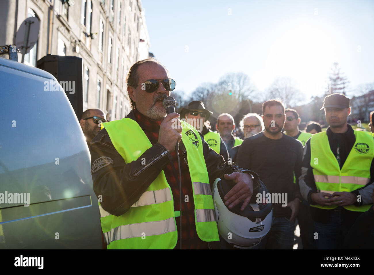 Lisbon, Portugal. 18th Feb, 2018. A protester seen speaking at the rally.Thousands of motorcyclists demonstrated in several cities in Portugal to protest against the government's decision to inspect motorcycles, justifying the decision with the increase in road accidents with motorcycles. Credit: Henrique Casinhas/SOPA/ZUMA Wire/Alamy Live News Stock Photo