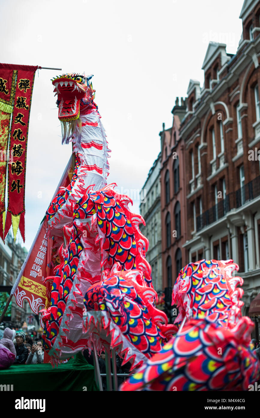 London, UK. 18th Feb, 2018. Chinese tributional dragon dance being performed in Chinatown.Londoners gather in London's chinatown and trafalgar square to celebrate Chinese new year 2018. Credit: Brais G. Rouco/SOPA/ZUMA Wire/Alamy Live News Stock Photo