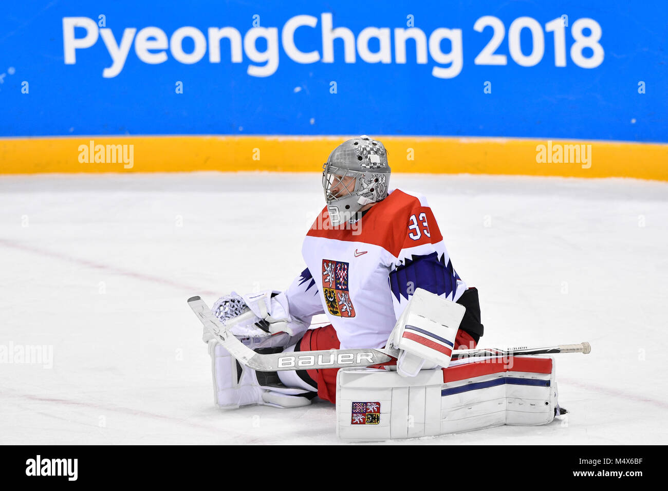 Kangnung, Korea. 17th Feb, 2018. Goalkeeper Pavel Francouz (CZE) is seen during the Canada vs Czech Republic ice hockey match within the 2018 Winter Olympics in Gangneung, South Korea, February 17, 2018. Credit: Michal Kamaryt/CTK Photo/Alamy Live News Stock Photo