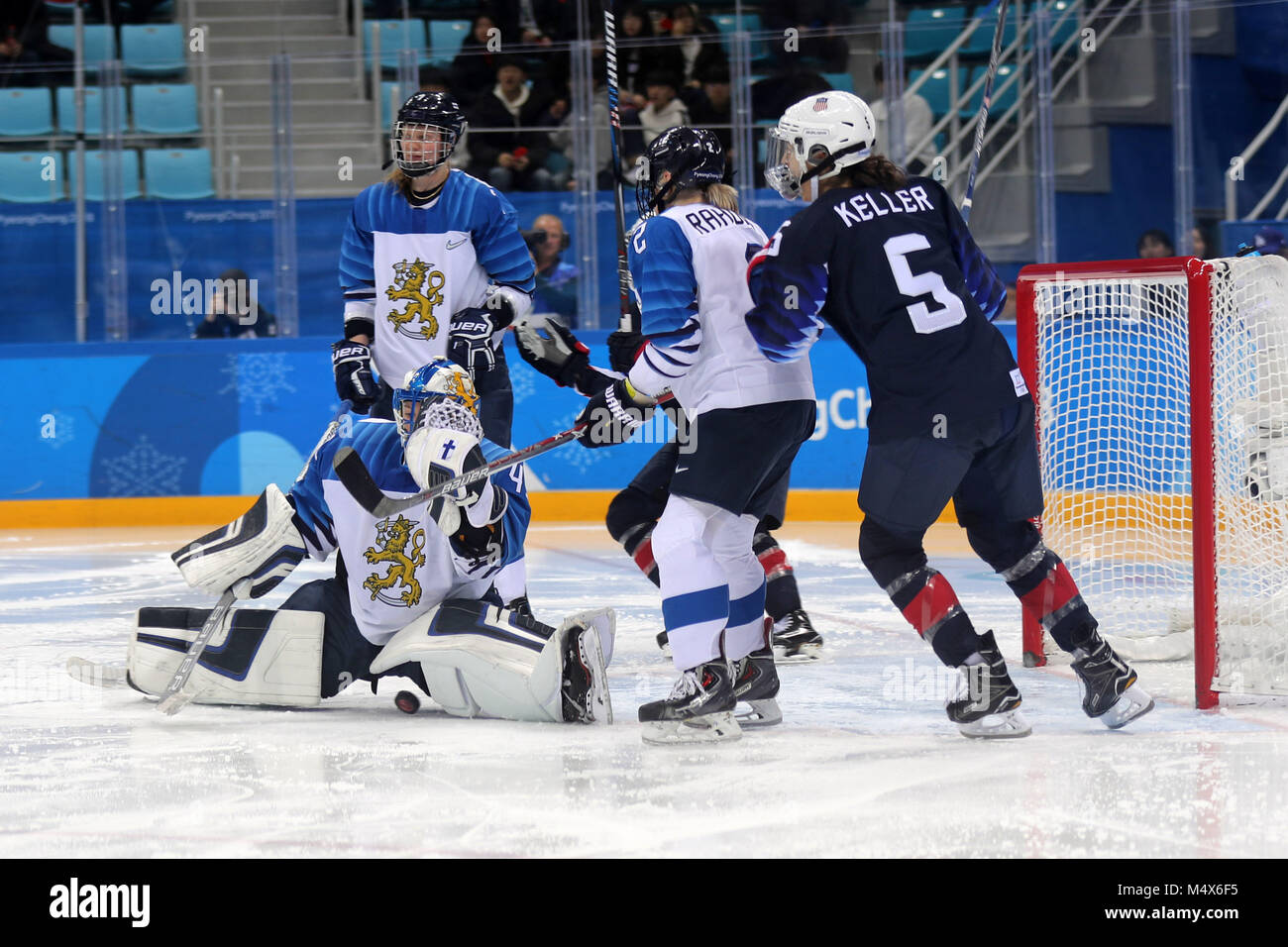 Gangneung, South Korea. 19th Feb, 2018. USA scores on Finland goalkeeper NOORA RATY during the Ice Hockey: Women's Play-offs Semifinals at Gangneung Hockey Centre during the 2018 Pyeongchang Winter Olympic Games. Credit: Scott Mc Kiernan/ZUMA Wire/Alamy Live News Stock Photo