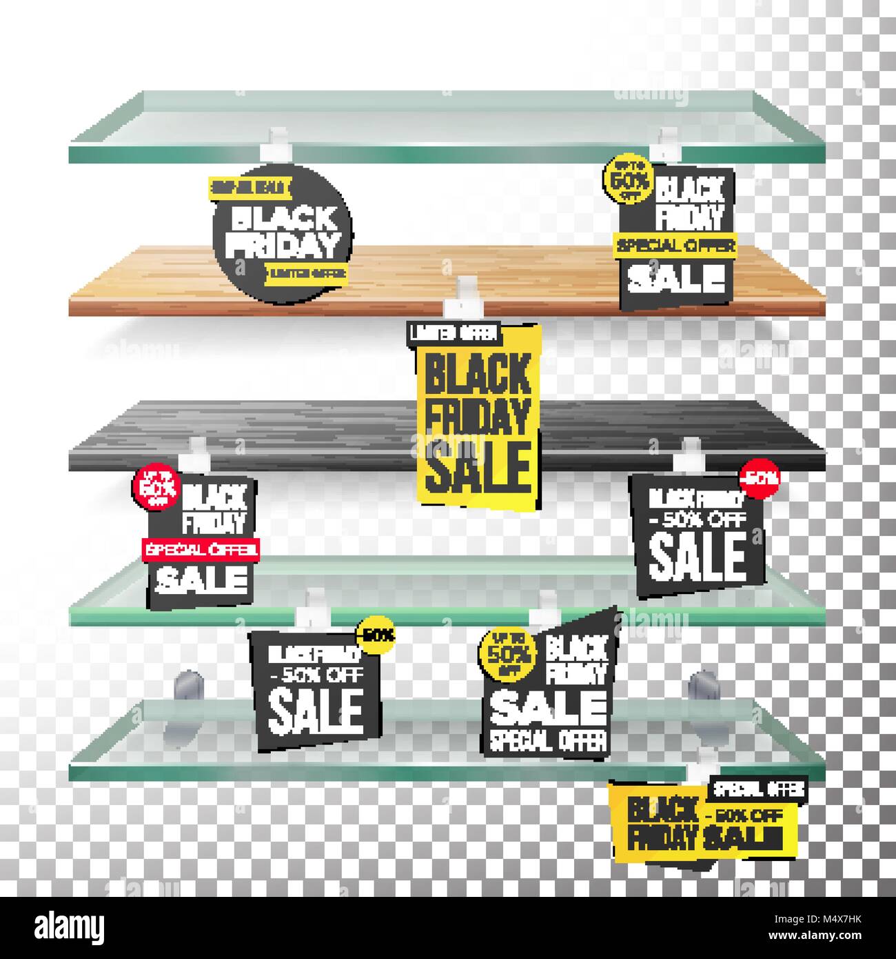 Empty Supermarket Shelves, Black Friday Sale Wobblers Vector. Price Tag ...