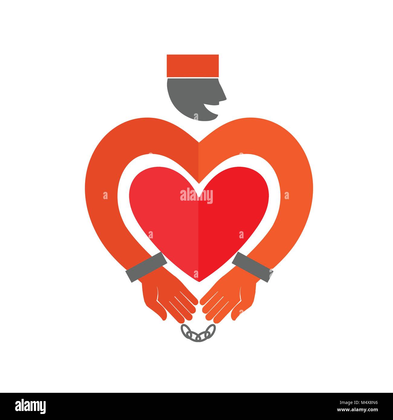 Stylized Prisoner with  heart icon. Online Dating. Flat style vector illustration on white background. American prisoner in orange uniform Stock Vector