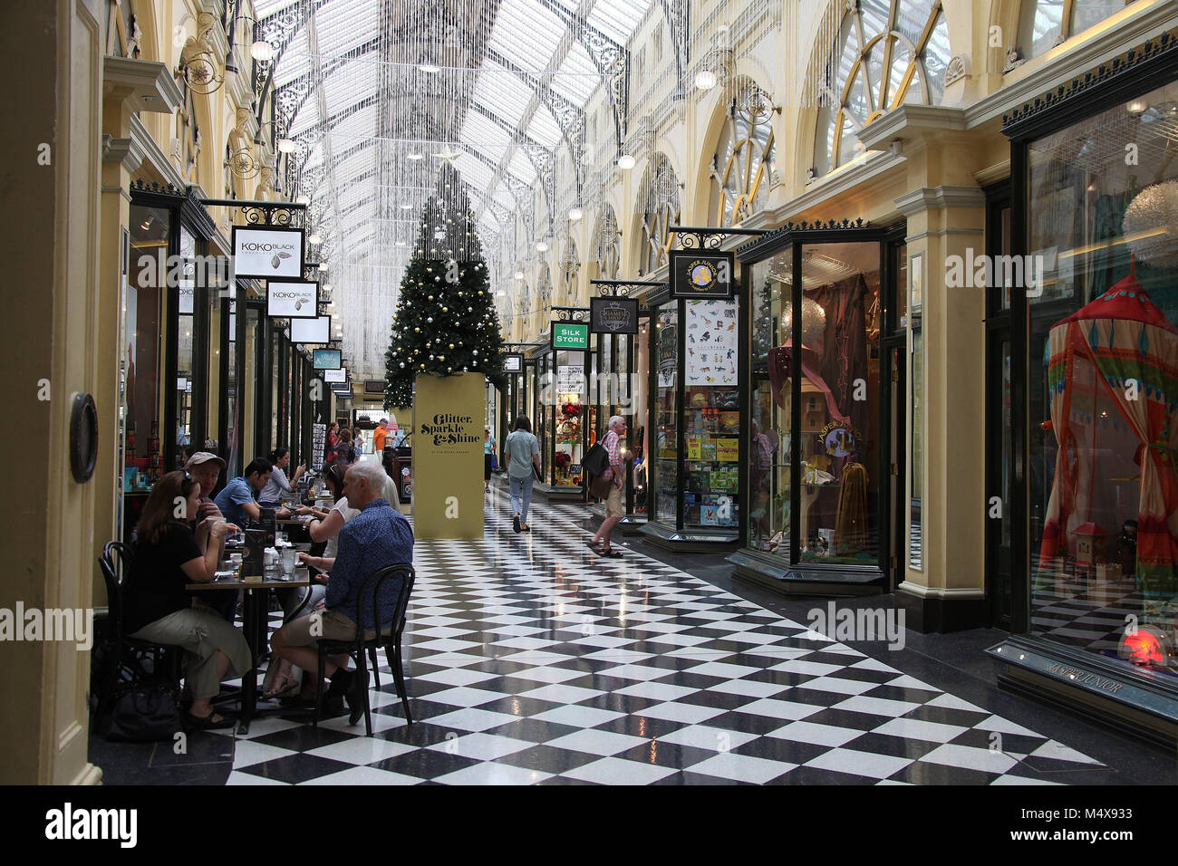 Royal Arcade with its black and white chequered floor in Melbourne Stock Photo