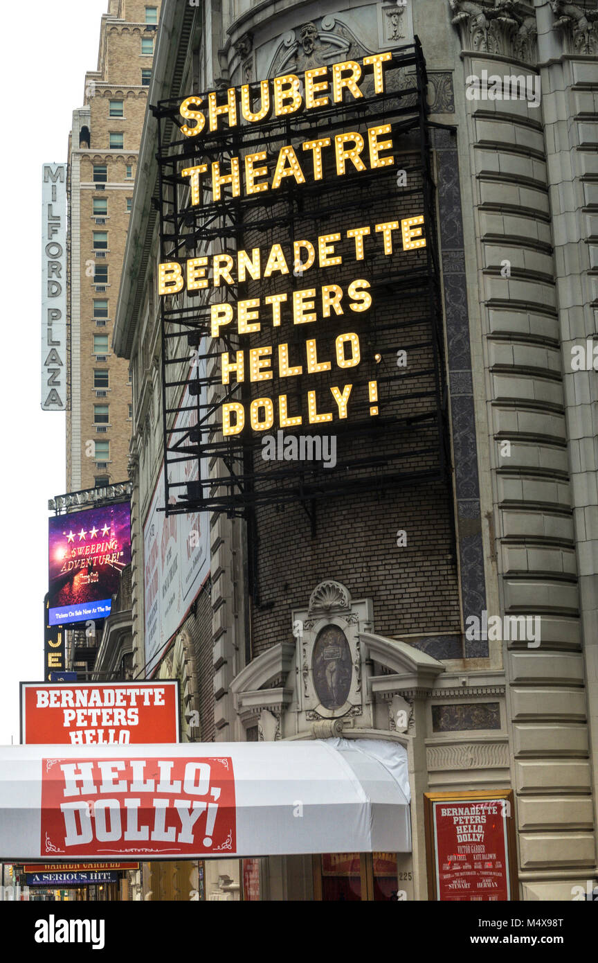 Shubert Theatre Marquee Presenting Bernadette Peters in 'Hello Dolly', Times Square, NYC Stock Photo