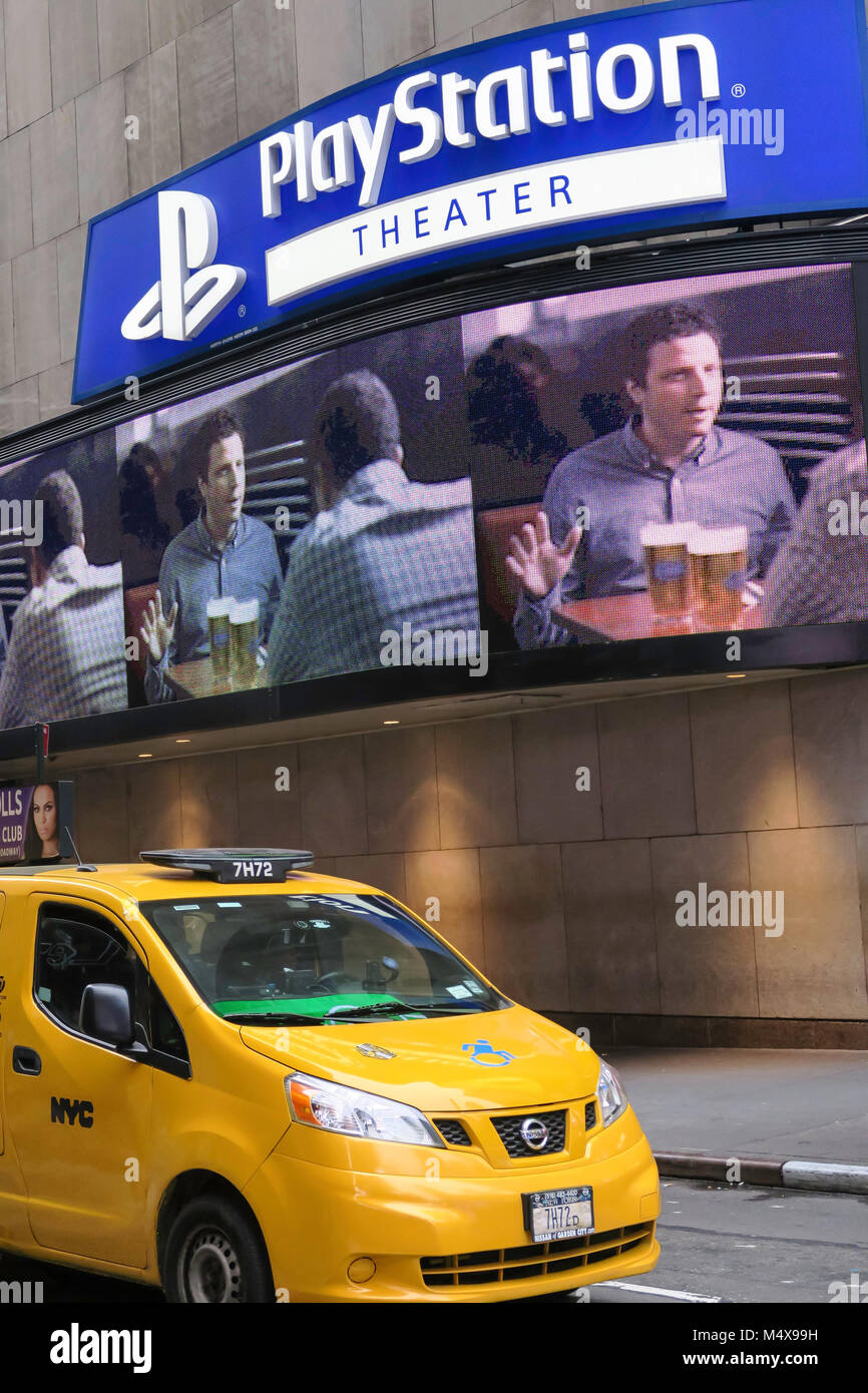 Play Station Theater Marquee with Taxi Cab in Foreground, Times Square, NYC, USA Stock Photo
