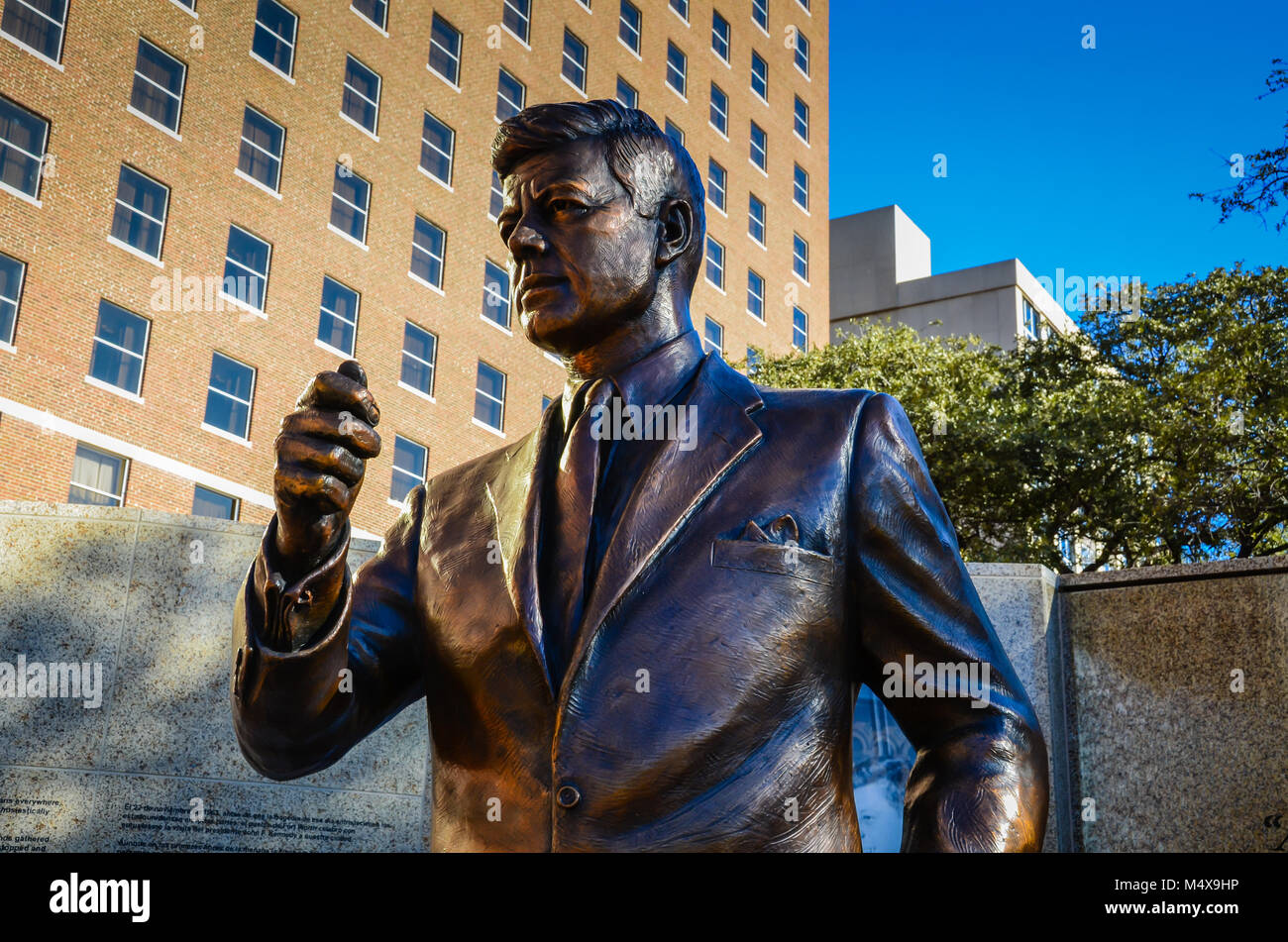 John Fitzgerald Kennedy Memorial Garden - bronze statue and monument in Fort Worth, Texas commemorates the president's last day on earth. Stock Photo