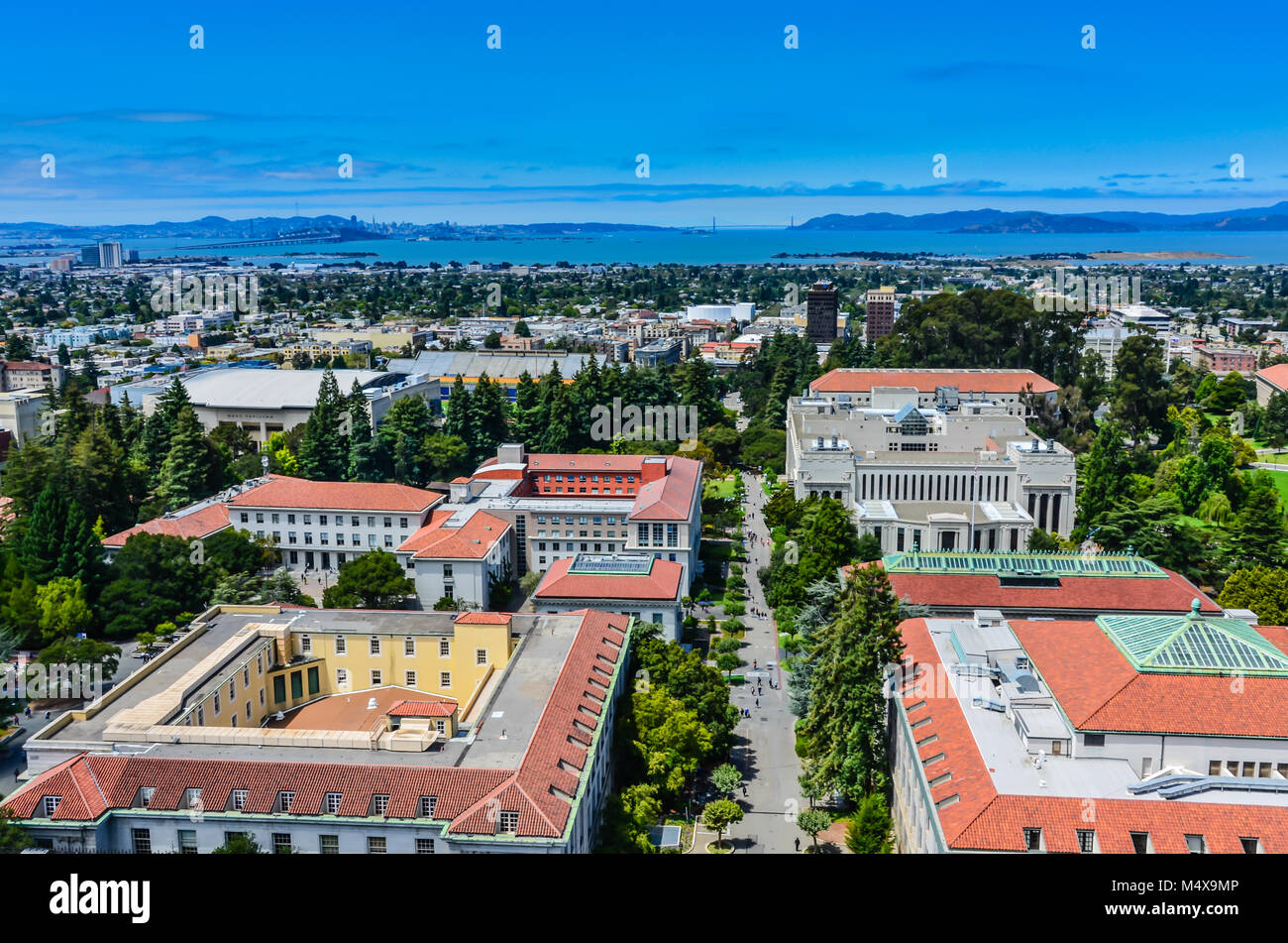 View of UC Berkeley and distant Golden Gate Bridge from Sather Tower Stock Photo