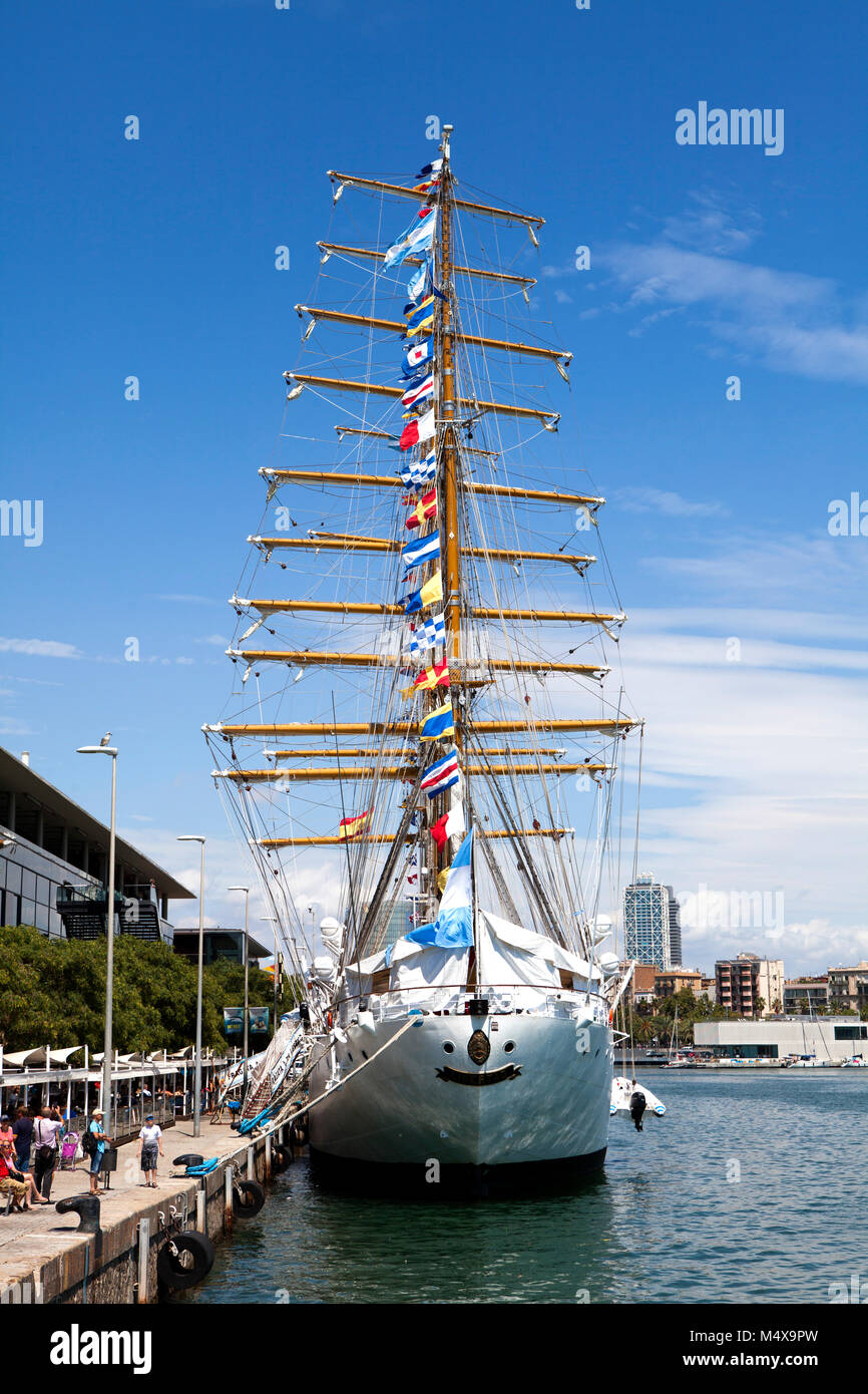 Argentinian Tall ship Frigate ARA Libertad sailing ship docked at Barcelona in Spain Stock Photo