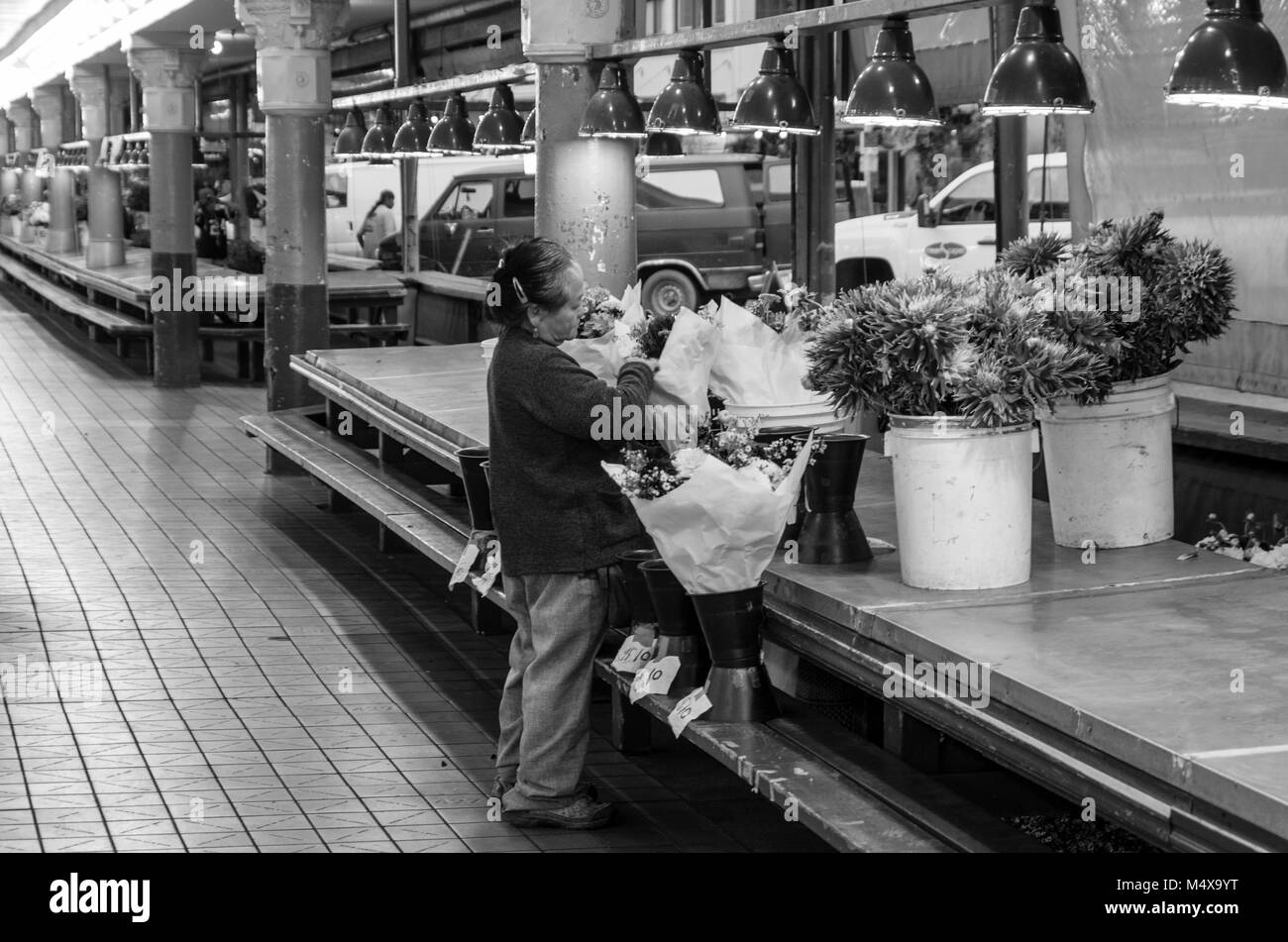 Empty flower seller stalls at Pike Place Market Seattle, Washington, USA Stock Photo