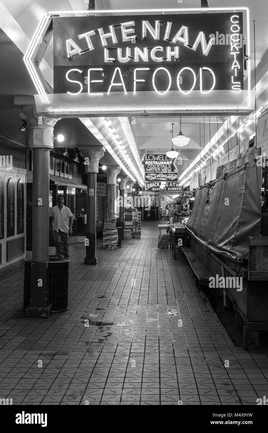 Pike Place Market with Athenian Seafood restaurant sign.  Seattle, Washington Stock Photo