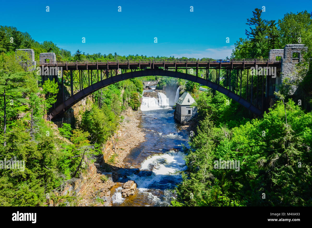 Bridge over Ausable River at Ausable Chasm, a tourist attraction in Upstate NY. Stock Photo
