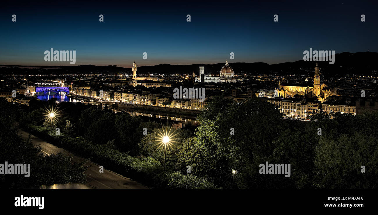 Sunset panorama of Florence Italy from above the Arno River Stock Photo