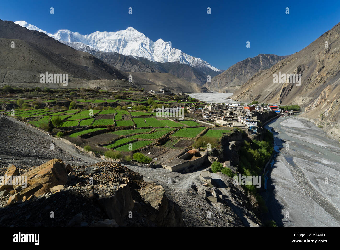 Mesmerizing view of the town of Kabeni and Nilgiri north, Upper Mustang region, Nepal. Stock Photo