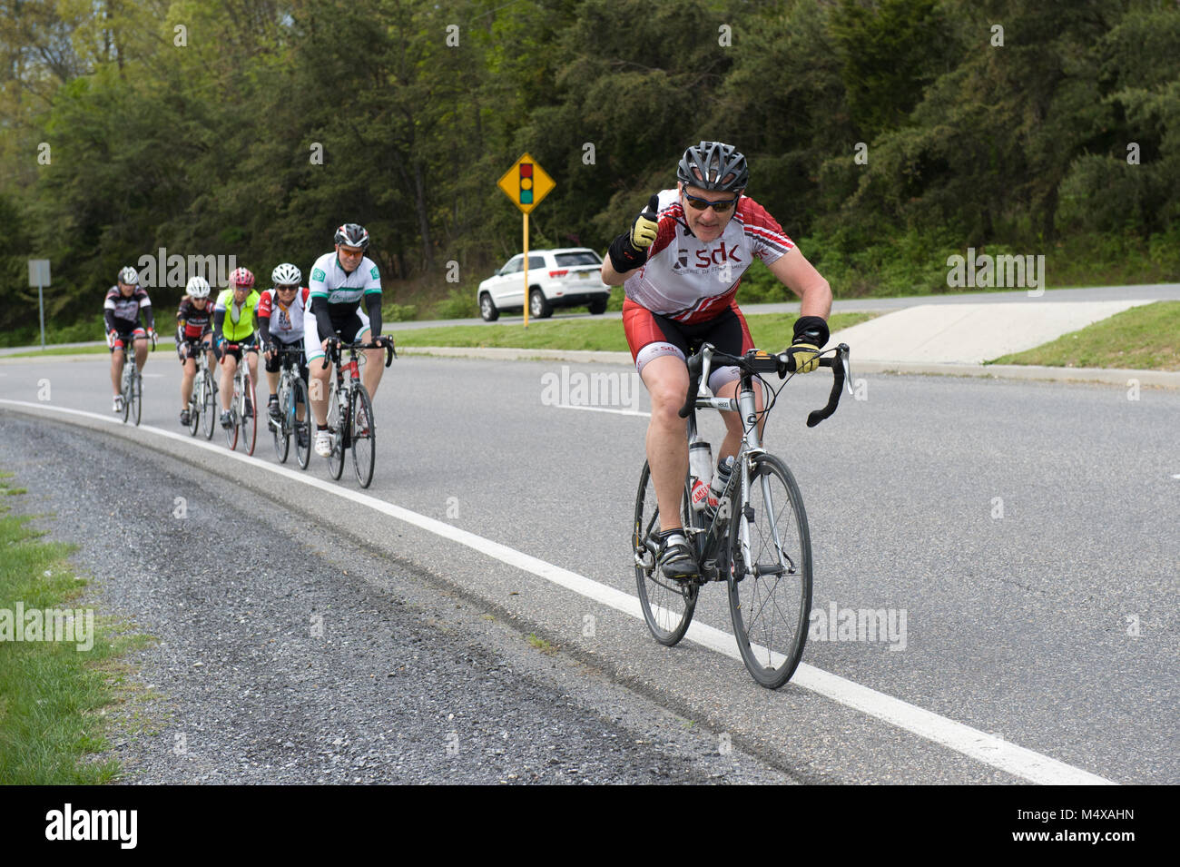 Peloton of middle aged road cyclists riding in Virginia, USA.. Stock Photo