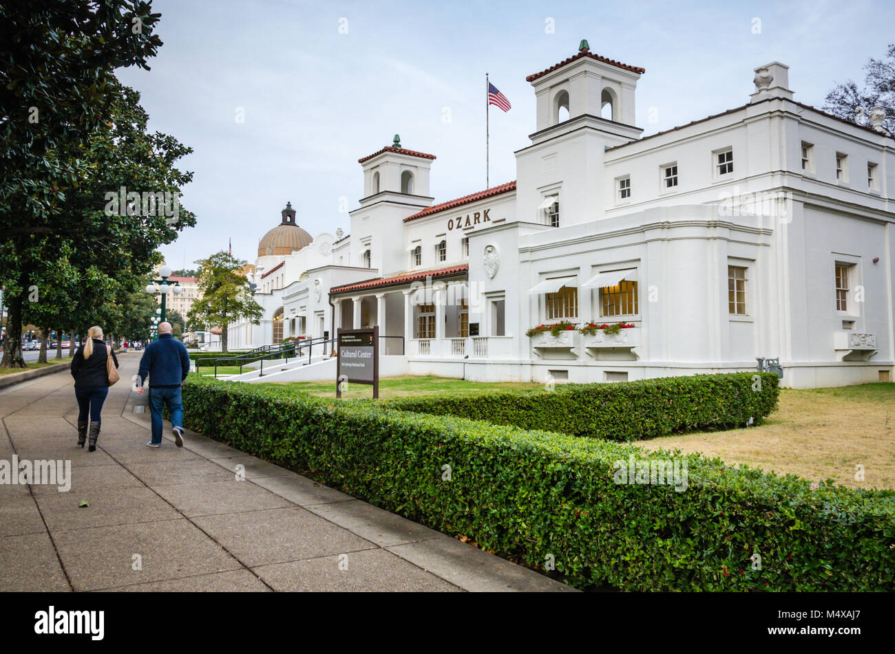 Bathhouse Row is a collection of bathhouses, associated buildings, and gardens located at Hot Springs National Park in the city of Hot Springs, Arkans Stock Photo