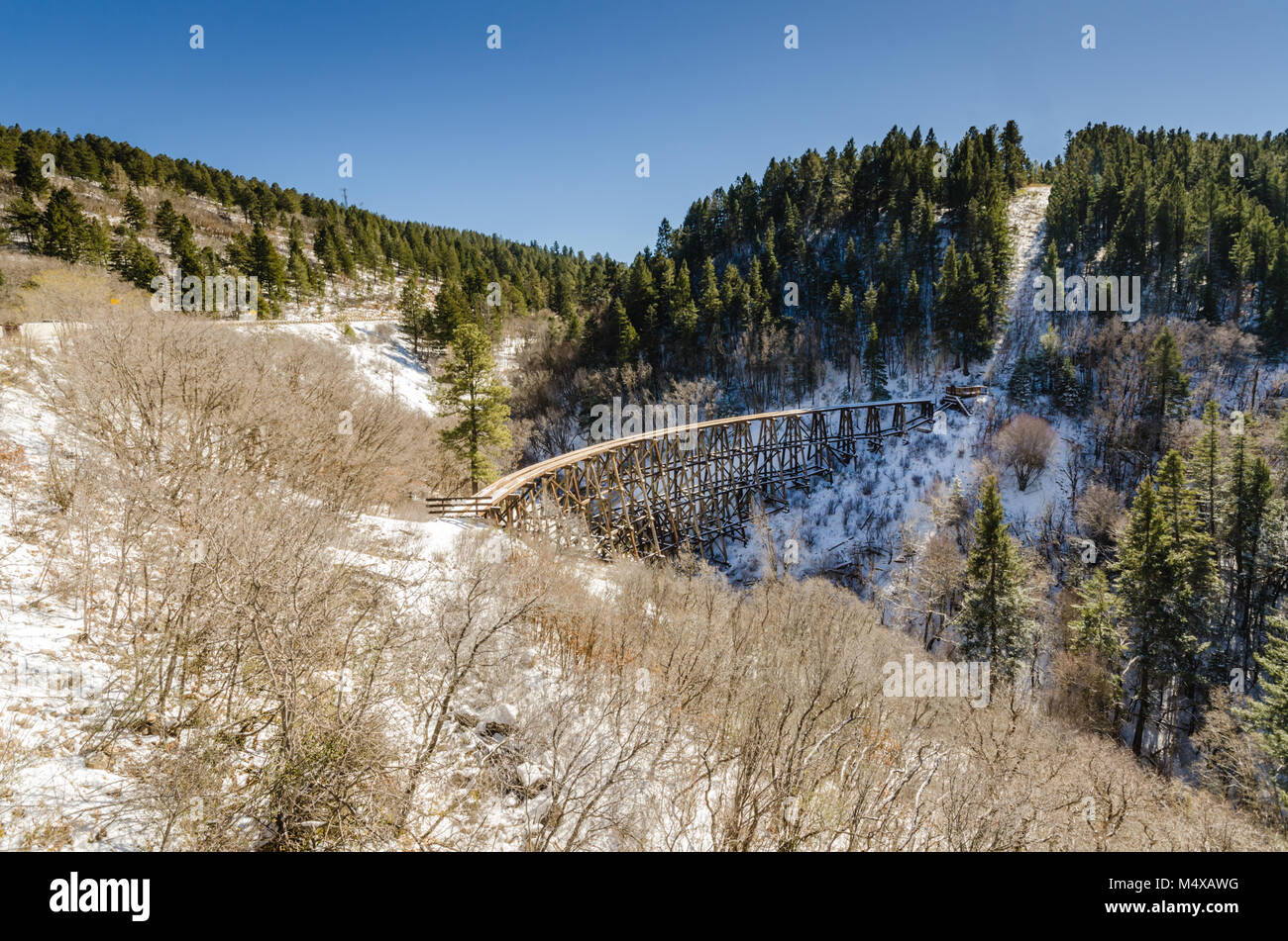 Scenic view of the 1899 railroad trestle called the Mexican Canyon Trestle used by  Alamogordo and Sacramento Mountain Railway to move timber and tour Stock Photo