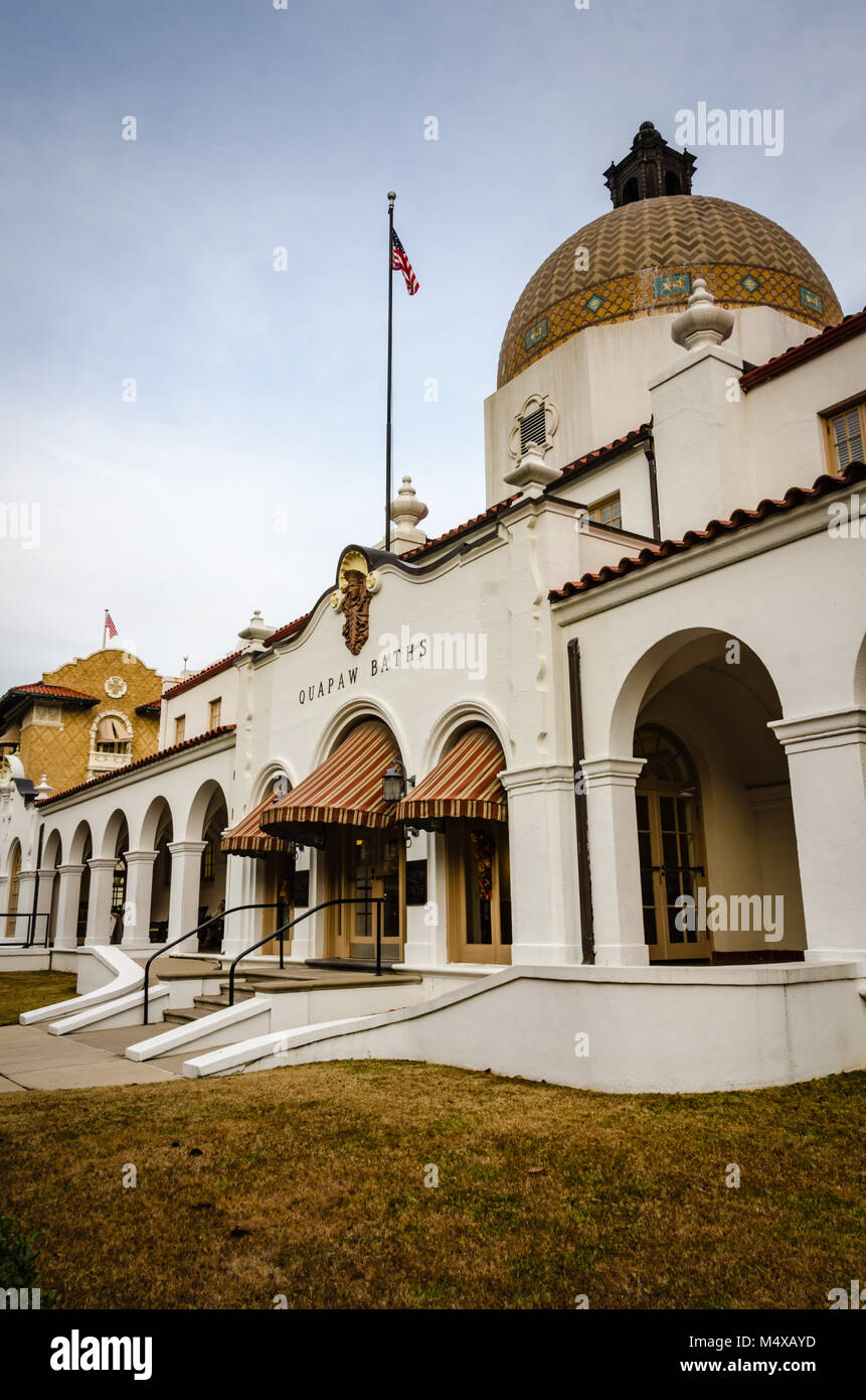 Built in 1922 in a Spanish Colonial Revival style, the Quapaw provided moderately priced bathhouse services. Stock Photo