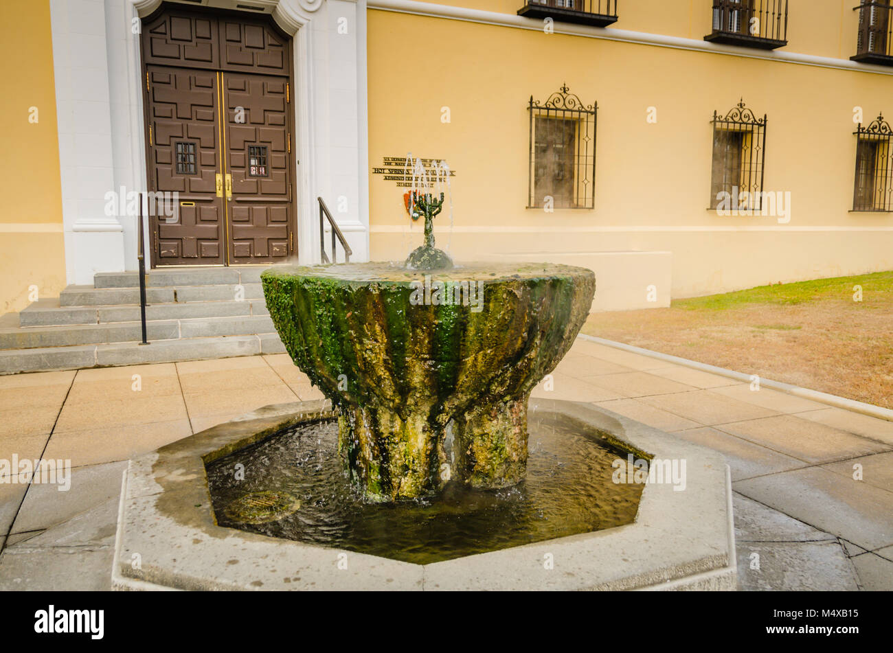 Moss covered hot springs fountain in front of the Administrative Building at Hot Springs National Park in Hot Springs, Arkansas. Stock Photo