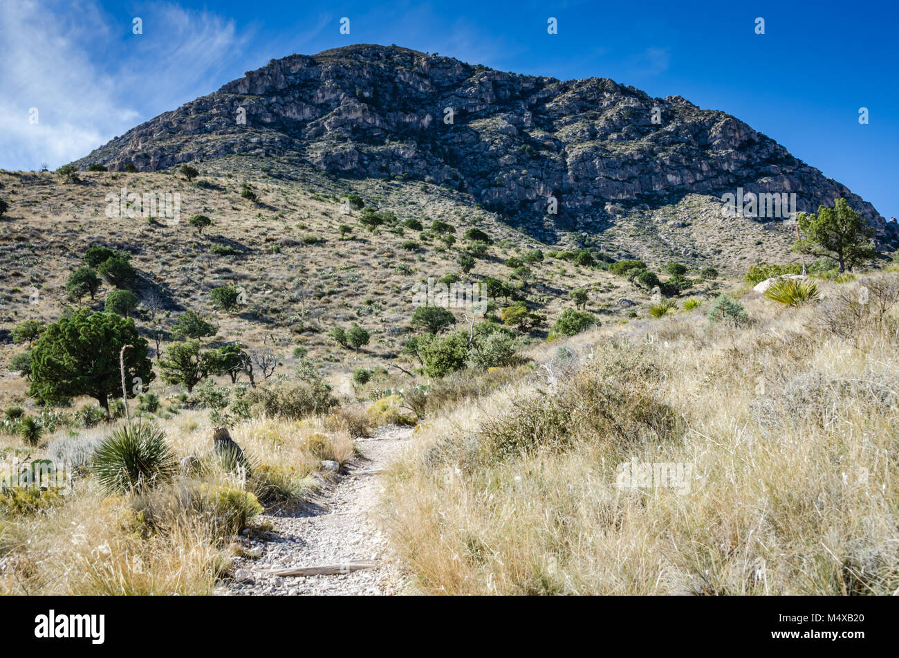 Rugged hiking trail to Devils Hall rock formation at Guadalupe Mountains National Park in Texas. Stock Photo