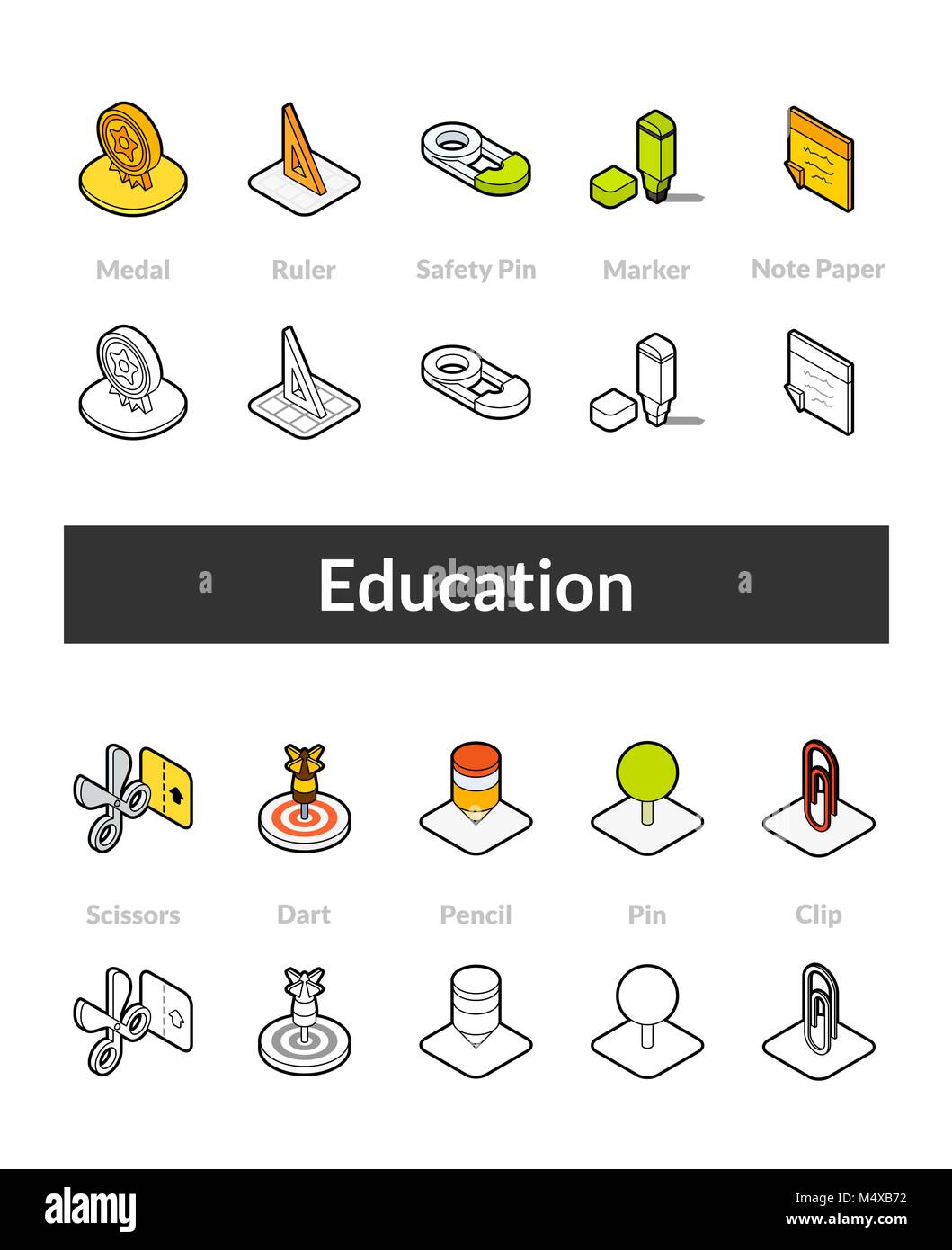 Set of isometric icons in otline style, colored and black versions ...