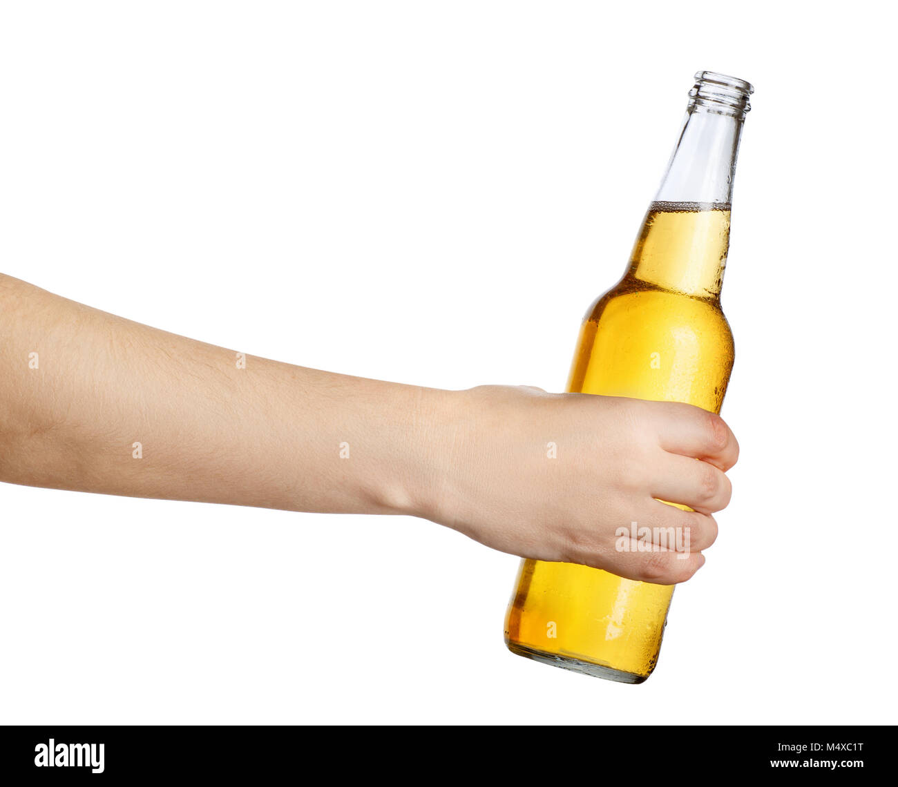 female hand with cold beer bottle, isolated on white background. Beer